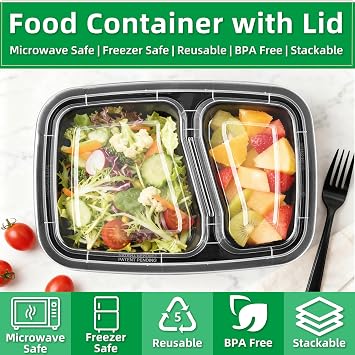 Meal Prep Containers, 2 Compartment Containers, 26 oz, 30 Pack