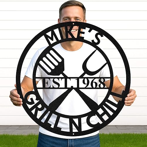 Miniatura 29 de Letrero de metal personalizado para barbacoa, letrero con nombre de bar personalizado para patio trasero, decoración de parrilla al aire libre,