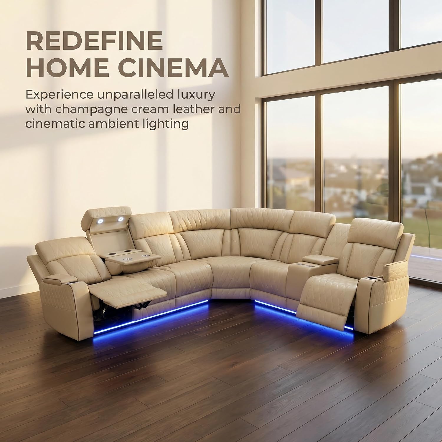Power Recliner Sectional Sofa with LED Lighting, Breathing Leather Corner Couch with USB Port and Storage Console, Cup Holders, Reading Light – Home Theater & Living Room Seating (Beige)
