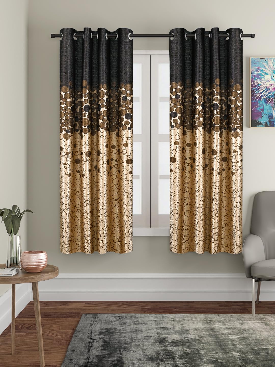 Amazon Brand - Solimo Polyester Polka Print Window Curtain (Brown,5 FEET-150 CM)-Pack of 2 Panel Print 135 GSM, Light-Filtering, Grommet