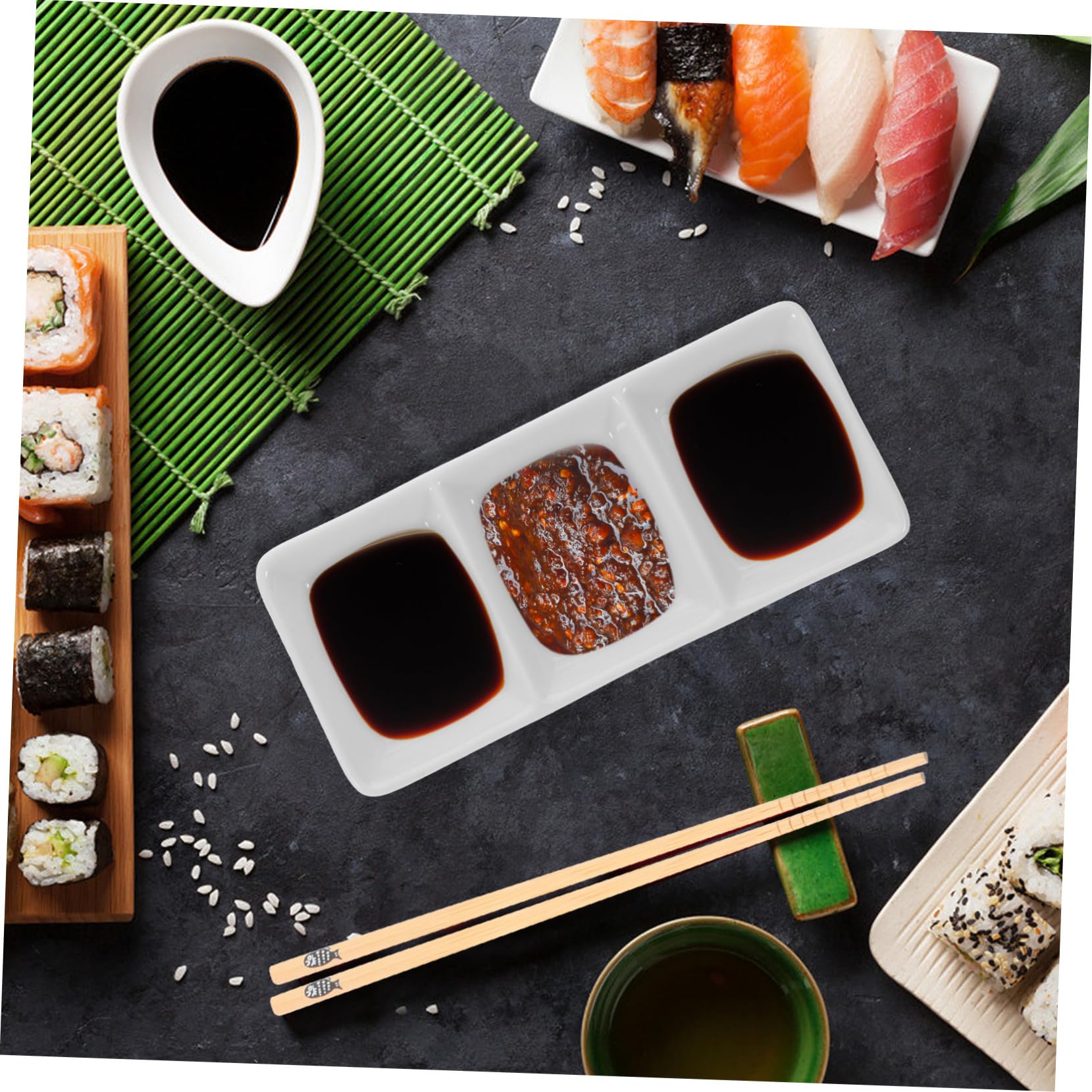 Set 5 Pezzi Piatti in Ceramica Bianca 3 Scomparti per Condimenti e Snack, Portatile per Catering e Tavola da Pranzo