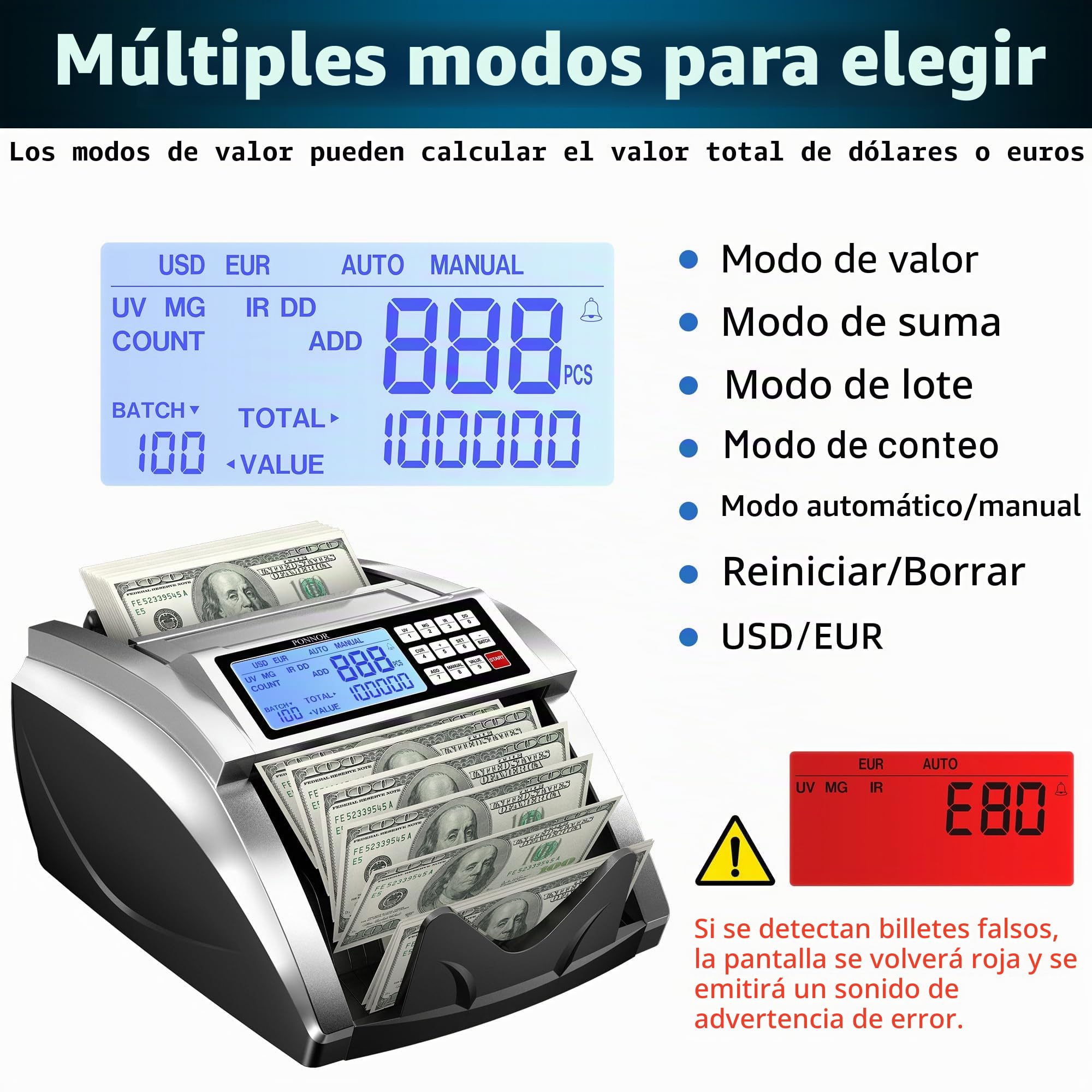 PONNOR Máquina contadora de dinero con contador de billetes de valor, contador de efectivo para dólares, euros con detección de billetes UV/MG/IR/DD/DBL/HLF/CHN, modo añadido/bat/valor con pantalla