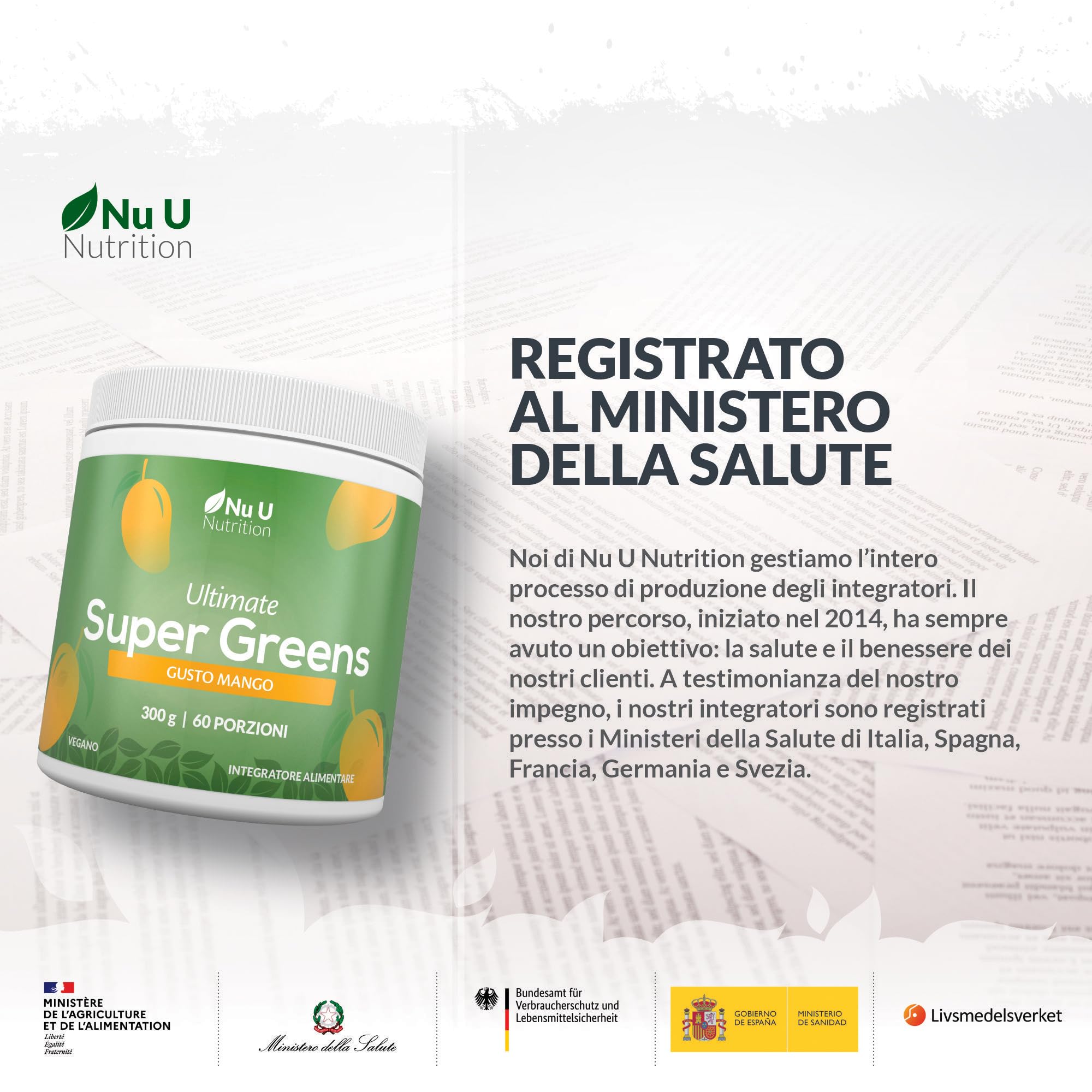 Super Greens | Mango | Polvere 300g – 17 Ingredienti Superfood Attivi – 60 Porzioni – Con Inulina, Spirulina, Clorella, Radice di Maca – 100% Vegano – Nu U Nutrition