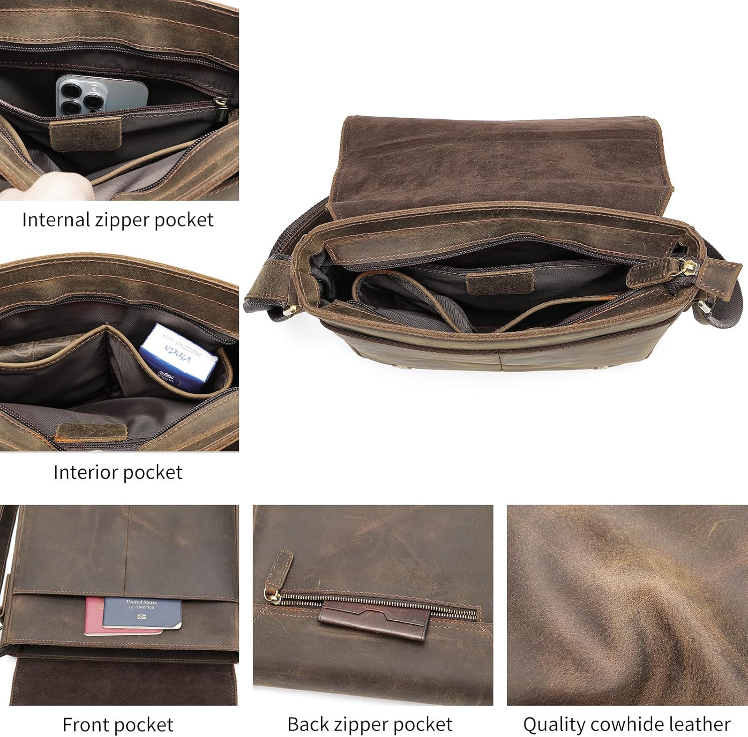 Men Leather Messenger Bag Vintage Working Shoulder Crossbody Bags Purse Daypack Handbags for Women Gift - Image 7