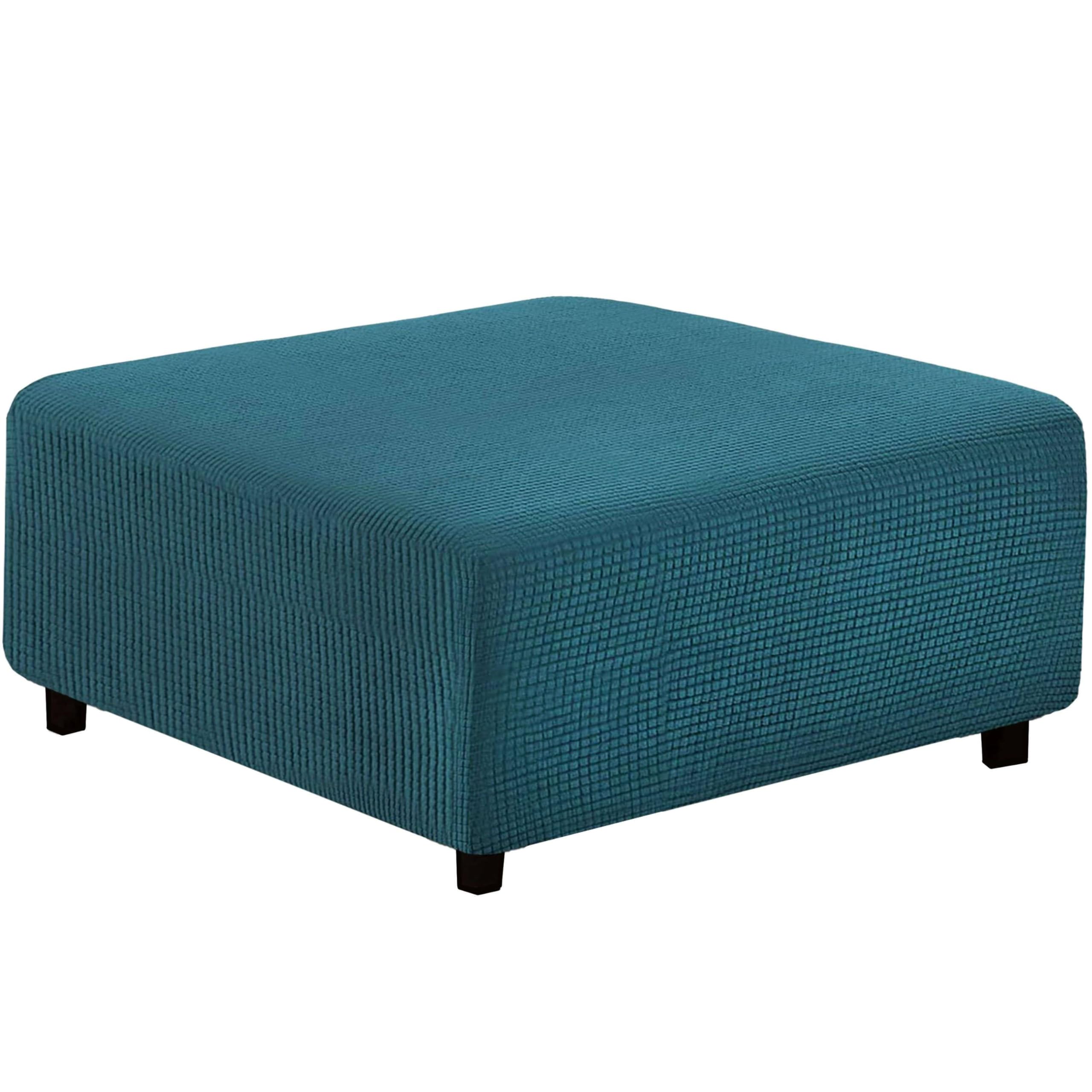 qiden Square Footstool Cover Jacquard Plush Thicker Large Stretch Pouffe Cover Anti-Slip Ottoman Slipcovers With Elastic Bottom, Machine Washable-Teal Blue-Large