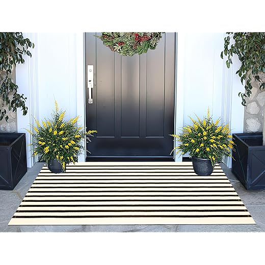 Red and White Striped Outdoor Rug 24'' x 51''Outdoor Front Porch Rug Hand-Woven Machine Washable Indoor/Outdoor Layered Door Mats for Entryway/Bedroom/Outdoor