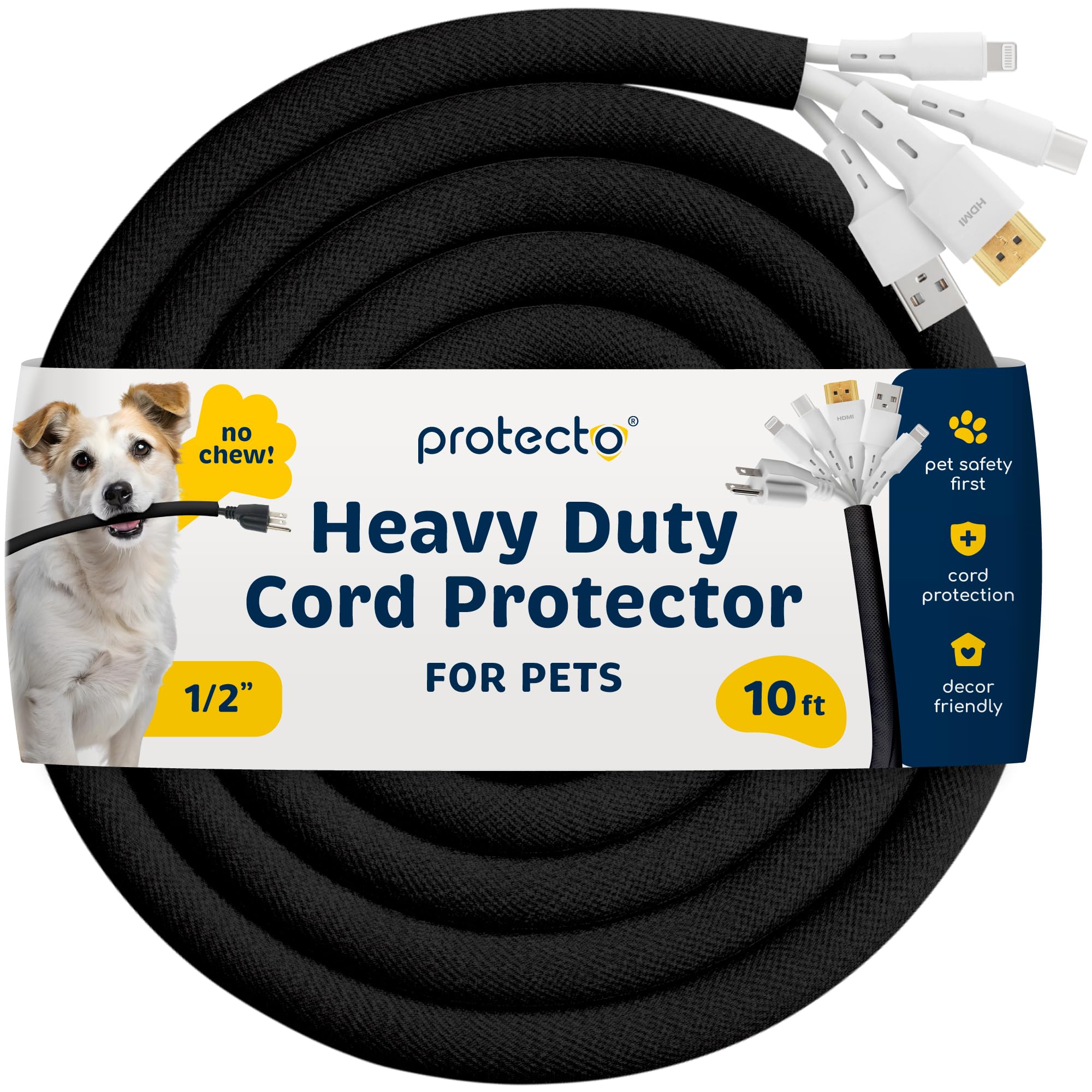 PROTECTO Heavy Duty Dog & Cat Cord Protector 10ft Long Sleeve, Easy-to-Use 1/2 in Cord Cover for Pet, Odorless Black Color, No Chew Solution for Power