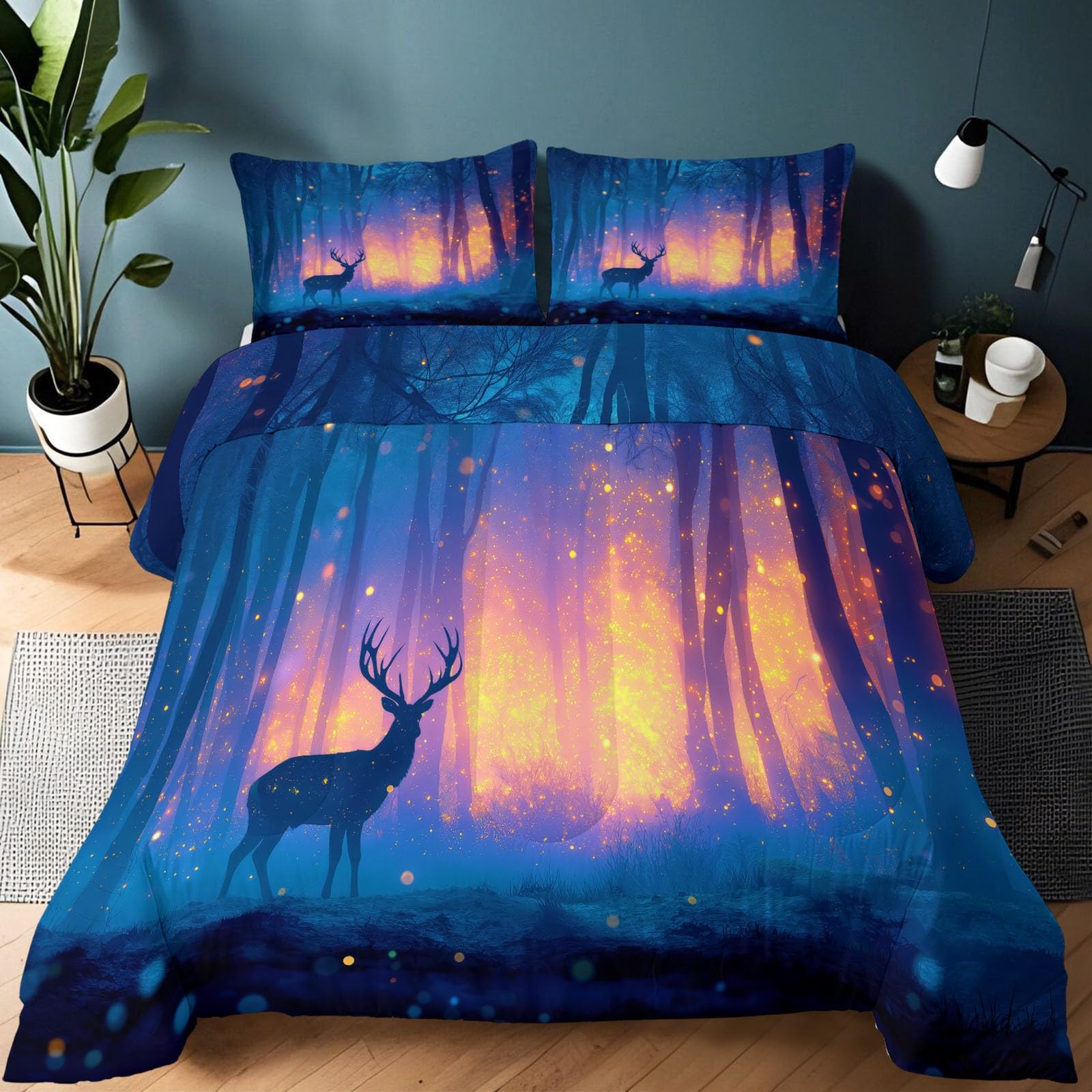 Genérico Kołdra 4 pory roku, 3-częściowy zestaw pościeli 200 x 200 cm Fantasy las miękki jeleń kołdra z mikrofibry, zimowa i letnia narzuta dla dzieci i alergików, niebieska