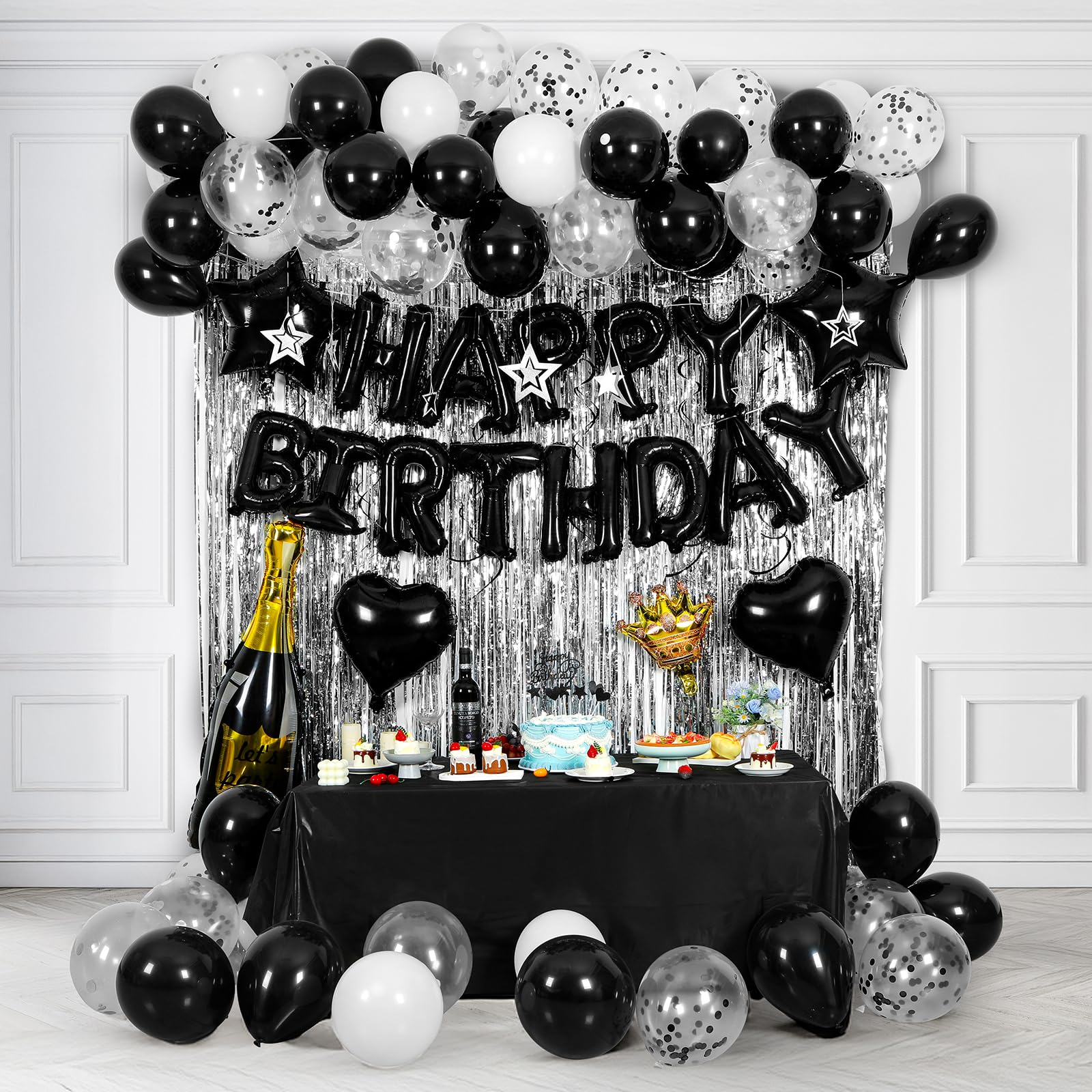 Black Silver Happy Birthday balloons Party Decoration Supplies, Birthday banner, Confetti Balloons, Latex balloons, Tablecloth, Cupcake Toppers,