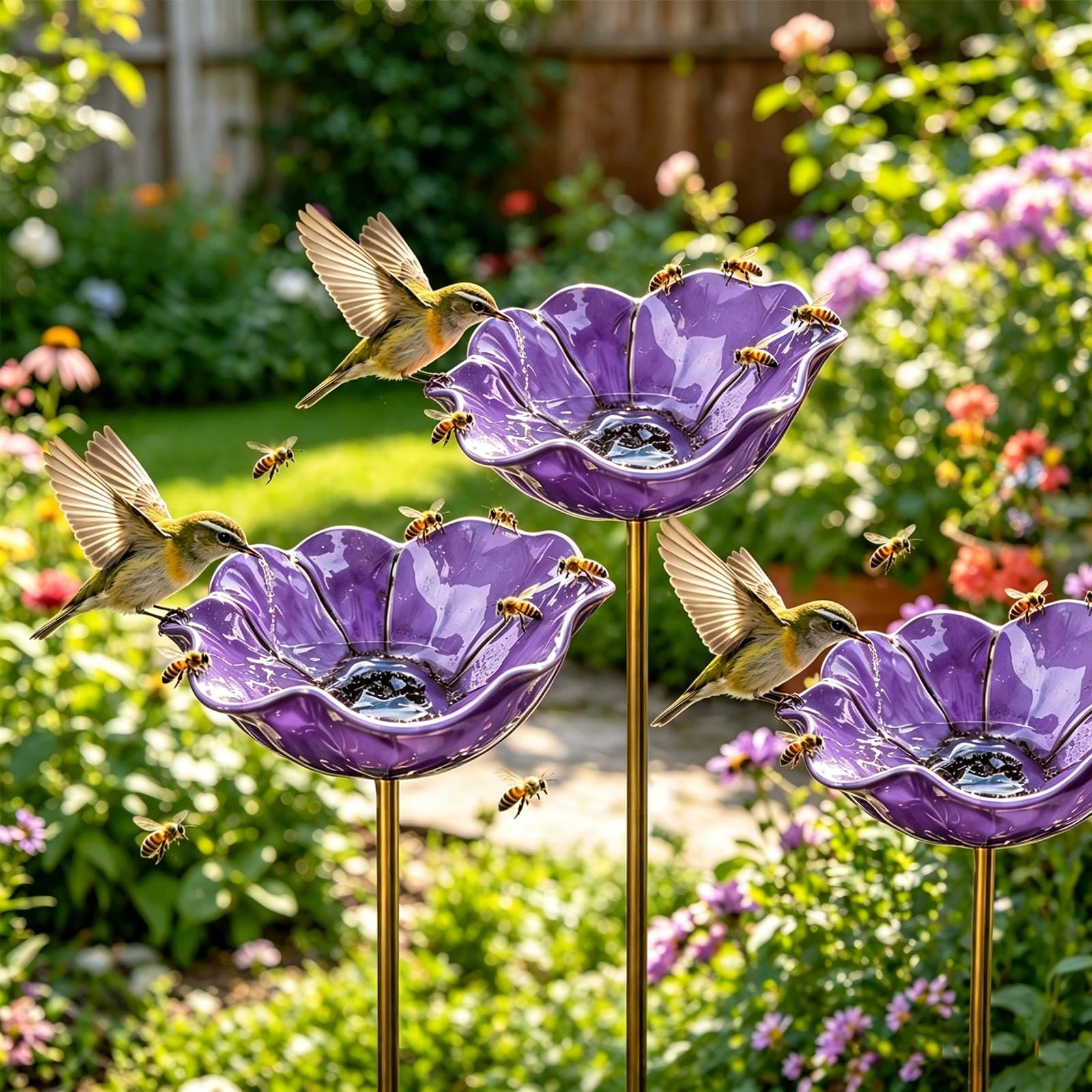 Handmade Metal Flower Garden Stake Bird Bath, Butterfly Bee Water Feeder with Flower Design, Decorative Garden Flowers Bird Bath for Yard, Lawn & Patio Decor (3pcs-Purple)