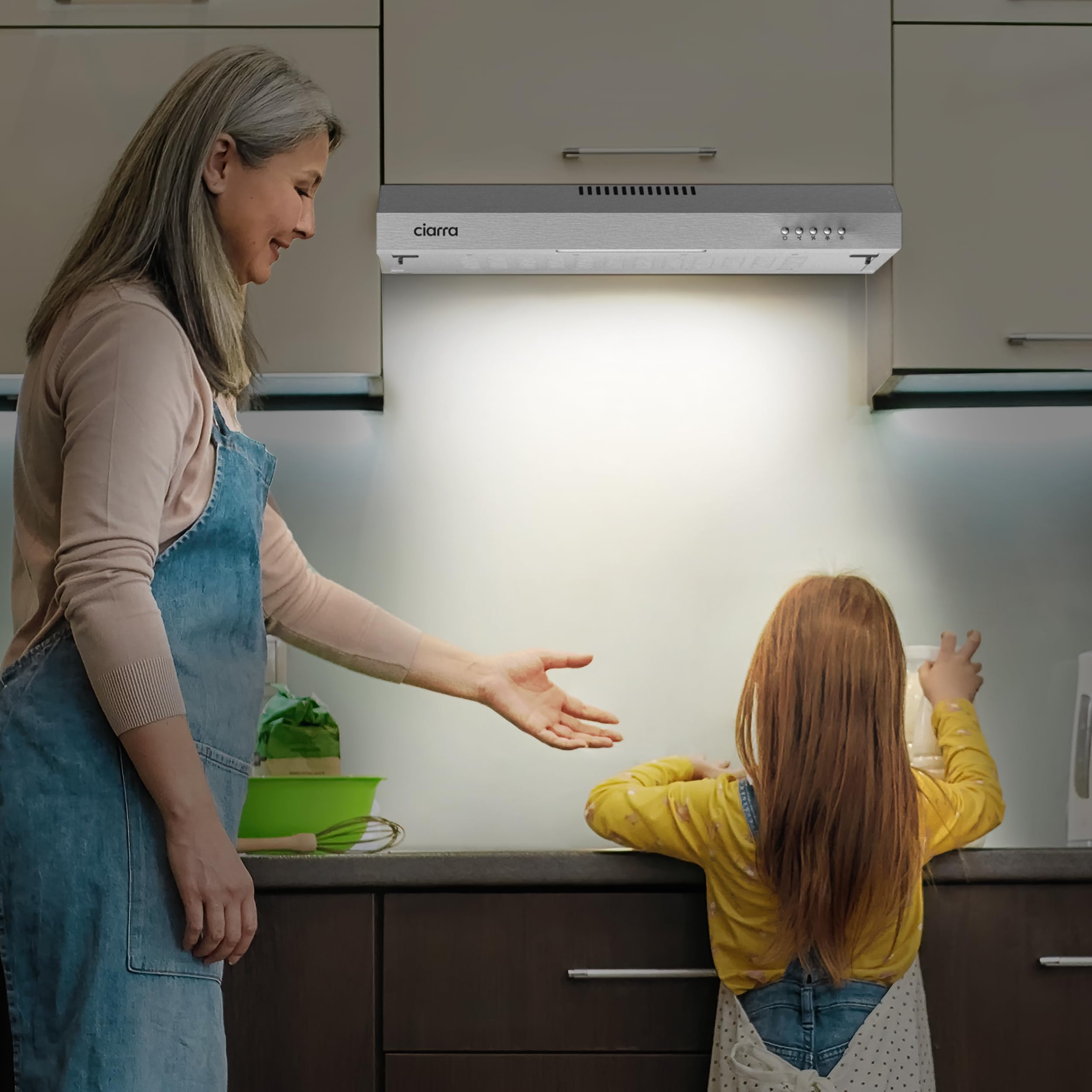 CIARRA AWS6903 - Cappa aspirante sottopensile 60 cm, ricircolo e scarico aria, 3 livelli di potenza, sottopensile integrato, con filtro a carboni attivi CBCF001, acciaio inox, argento