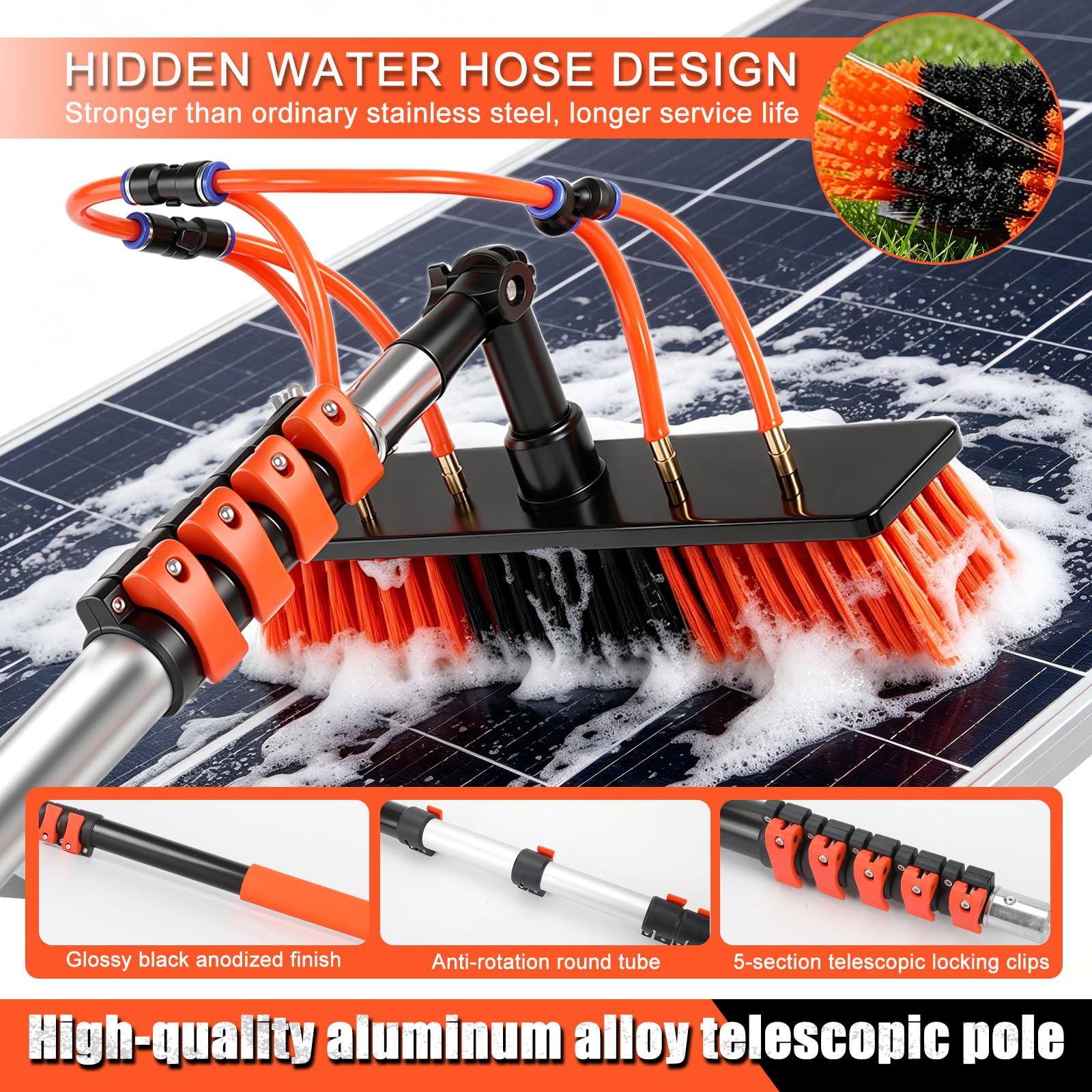 Kit Pulizia Pannelli Fotovoltaici 7,2 m 3 in 1 Spazzola Lavaggio Telescopica con Attacco Acqua, Asta Telescopica con Spazzola per Finestre, Tettoie, Camper, Pannelli Solari