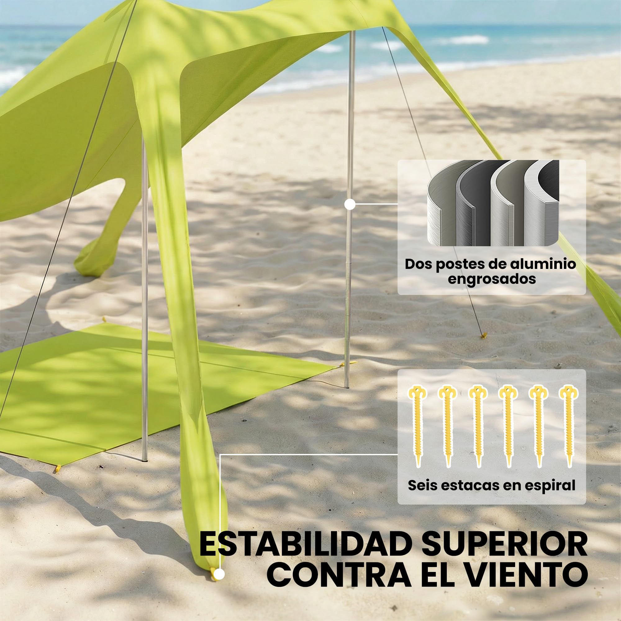 Outsunny Tenda da spiaggia pieghevole 208 x 200 cm, tenda da spiaggia portatile per 2-4 persone con tappetino, UPF50+, pali in alluminio, pala, picchetti e borsa per il trasporto impermeabile, per