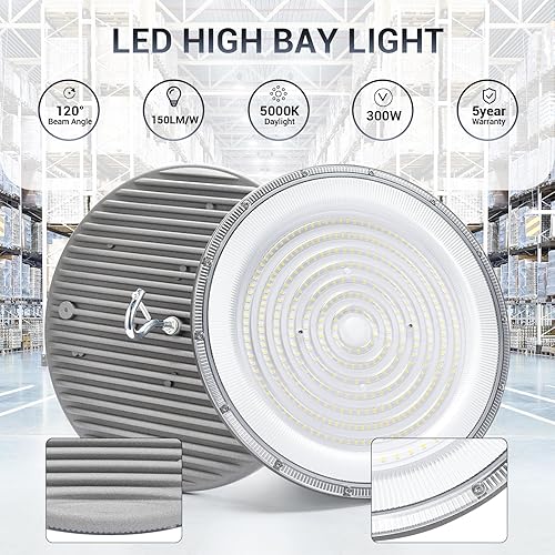 Miniatura 5 de Paquete de 15 luces LED UFO de alta bahía de 300 W, 120 VAC, 5000 K luz diurna comercial, IP66 impermeable, 45050 LM, 1300 W MHHPS con luz de área