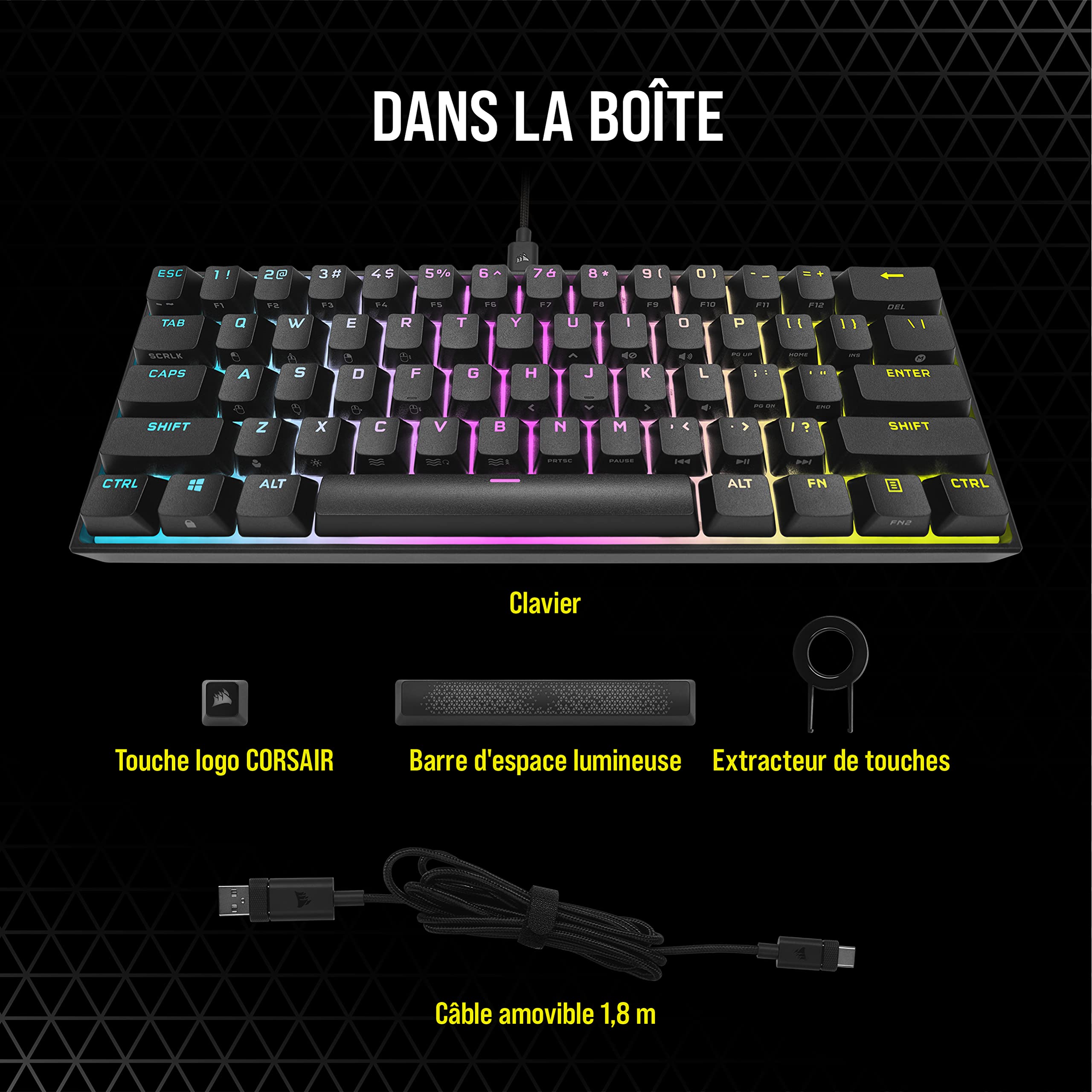Corsair K65 RGB MINI 60 pour cent Clavier Gaming (Rétroéclairage RGB Par Touche Personnalisable, Switchs Mécaniques CHERRY MX Red, Touches À Double Injection PBT, Technologie AXON) AZERTY, Noir