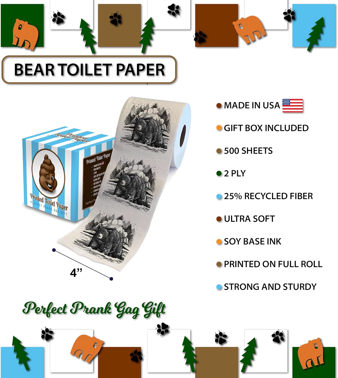 Printed TP Black Bear Scene Printed Toilet Paper Gag Gift – Funny Toilet Paper Roll For Prank, Surprise, Bathroom Decor, Novelty Gift For Men, Women, Friends, Family, Birthday Party – 500 Sheets