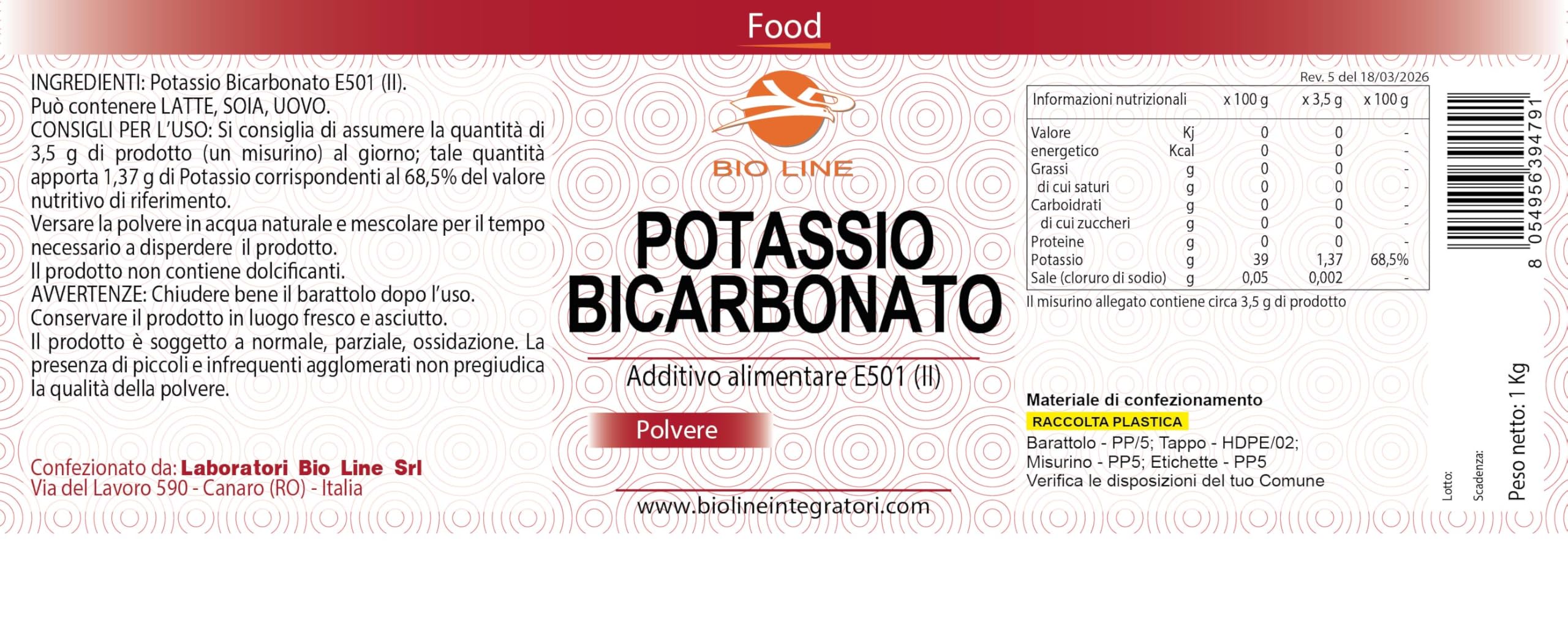 Laboratori Bio Line - Potassio Sali Minerali in Polvere (1 Kg) Bicarbonato di Potassio per Sportivi, Prodotto Alimentare