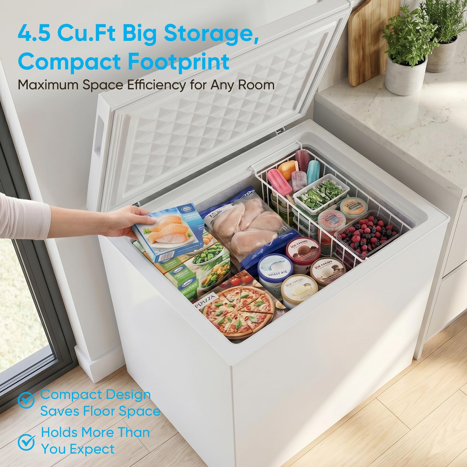 Tabu 4.5 Cubic Feet Chest Freezer, Energy Saving Chest Deep Freezer With 7 Level Adjustable Thermostat, Top Opening Compact Freezer With Removable Storage Basket (Black) on Fridge.com - View 4