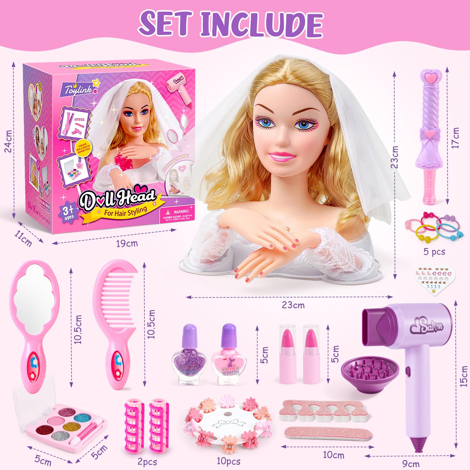 vamei Braut Schminkpuppe Frisierkopf Kinder, Schminkkopf Spielzeug Set mit Haartrockner, Schminke, Nagelaufkleber, Haarstyling Zubehör & Kopf mit Schleier, Stylingkopf Geschenk für Mädchen 3+ Jahren