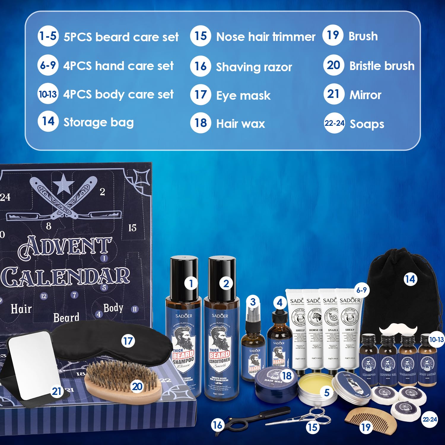 Calendrier de l'Avent 2025 pour Hommes, 24PCS kit d'entretien de la Barbe de Qualité Supérieure, Calendrier de Noël pour le Corps, le Visage, la Barbe et les Cheveux, Cadeaux de Noël pour Hommes