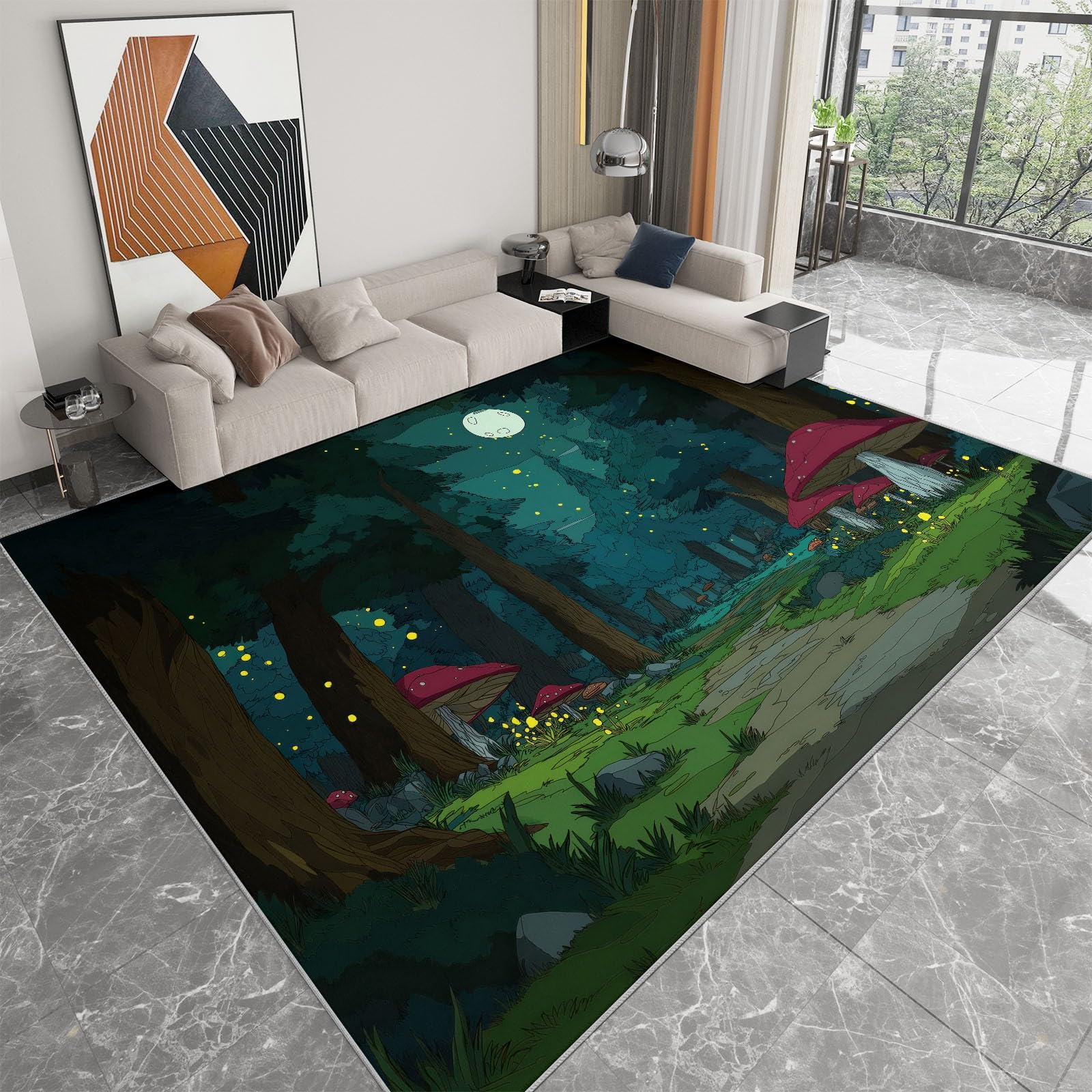 Tapis Salon Impression 3D Lune des Champignons De La Forêt 160x230cm Tapis Moderne Poils Courts Doux Antidérapant Lavable pour Chambre Enfant