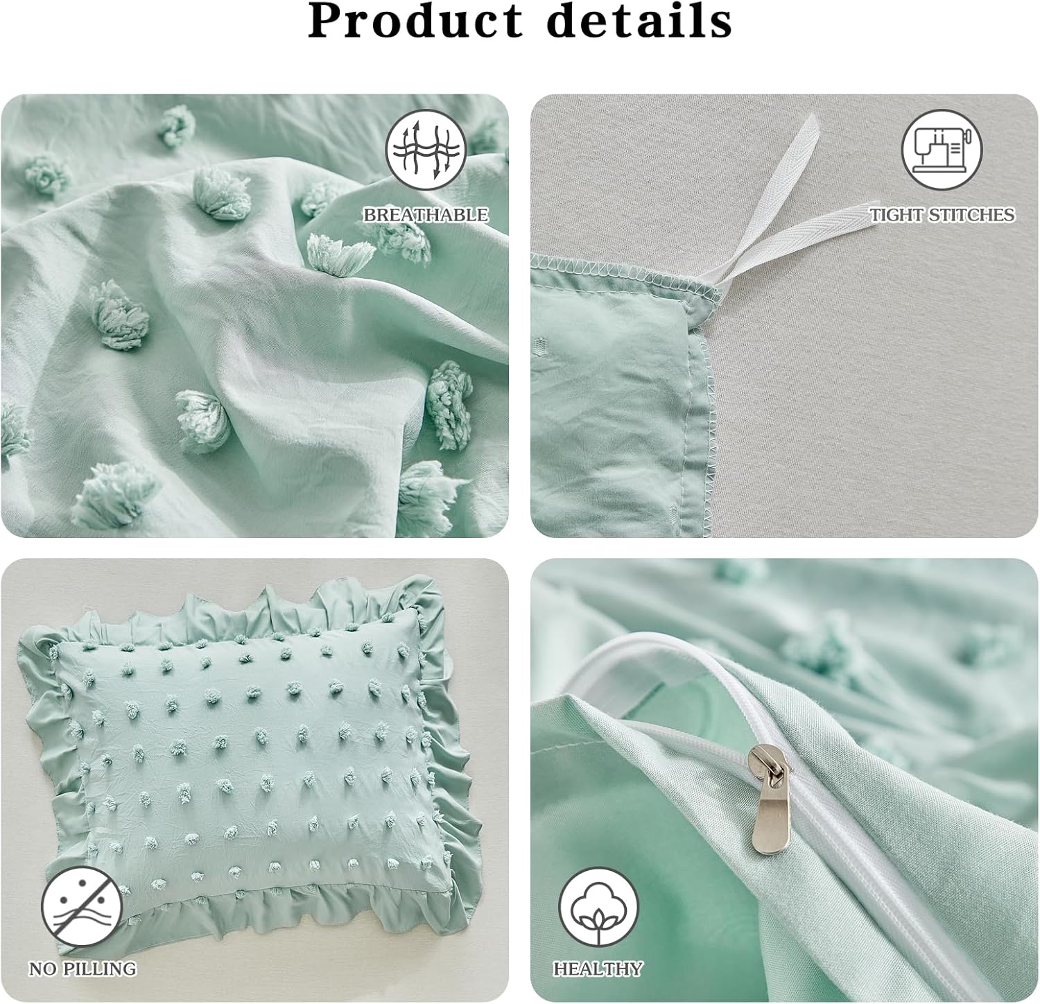 Flysheep Tufted Dots Ruffle Duvet Cover Set King Size, 3 Pieces Vintage Farmhouse Shabby Chic Ruffled Duvet Cover with Zipper Closure, Luxury Jacquard Boho Bohemian Bedding Set (Sage Green, King)