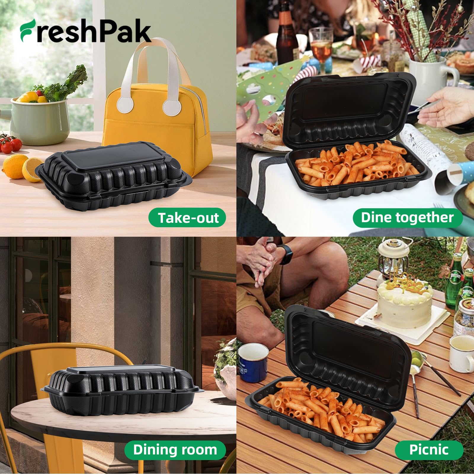 FRESHPAK Contenedores para llevar, de plástico negro de 27 onzas, paquete de 50 unidades, reutilizables, sin BPA, resistentes, con bisagras, desechables, con tapas para preparar comidas y llevar