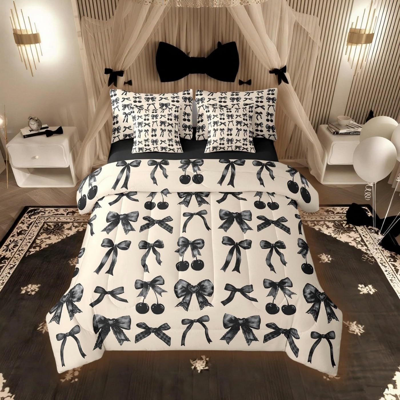 Erosebridal Black Cherry Bow Full Size Bed Sheets and Comforter Set Cute Silk Ribbon Bowknot 7 Piece Bedding Set, Princess Bow Tie Dreamy Kawaii Bed