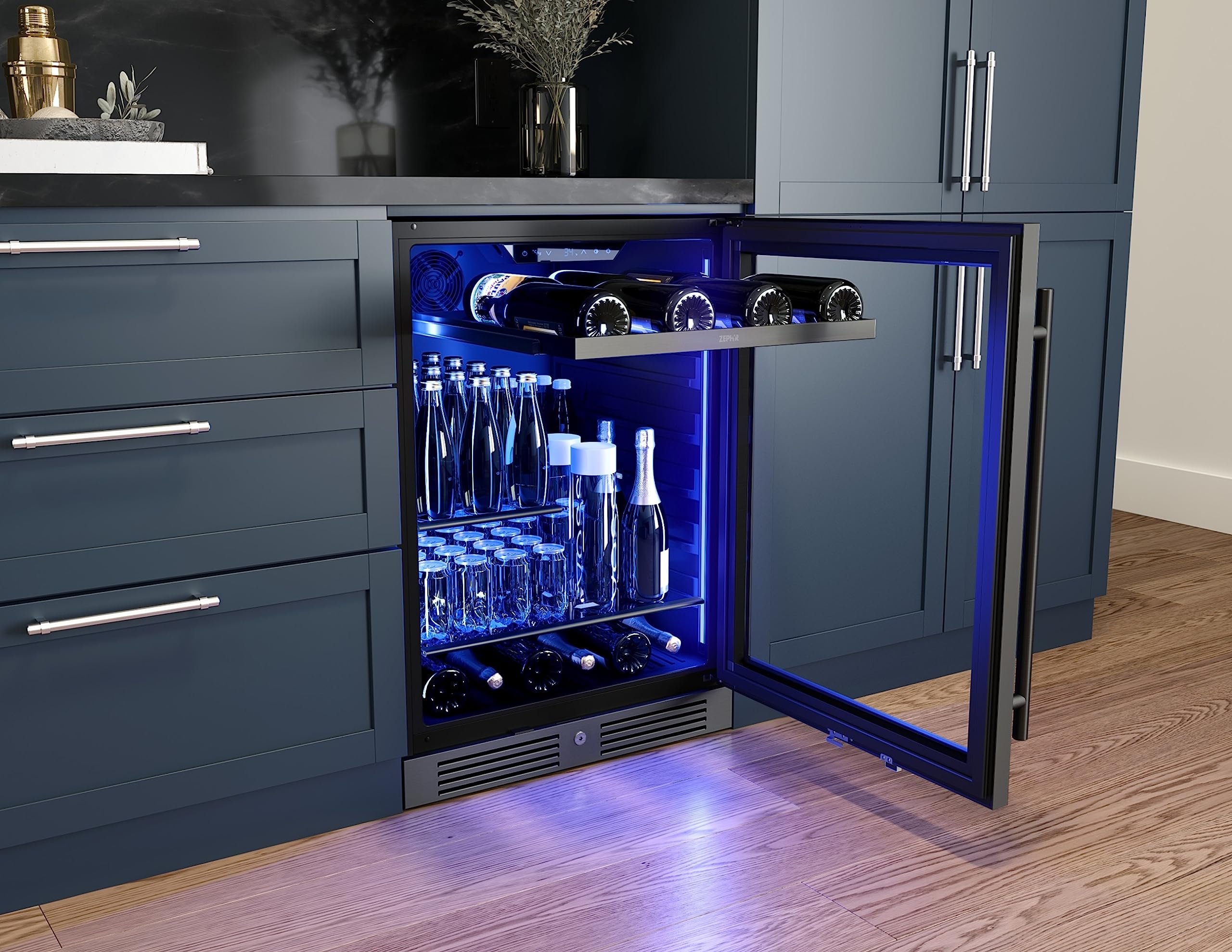 Zephyr PRB24C01C Presrv 24 Inch Wide 7 Bottle and 108 Can Capacity Energy Star Certified Wine and Beverage Cooler with 3-Color LED Lighting - Black Stainless Steel on Fridge.com