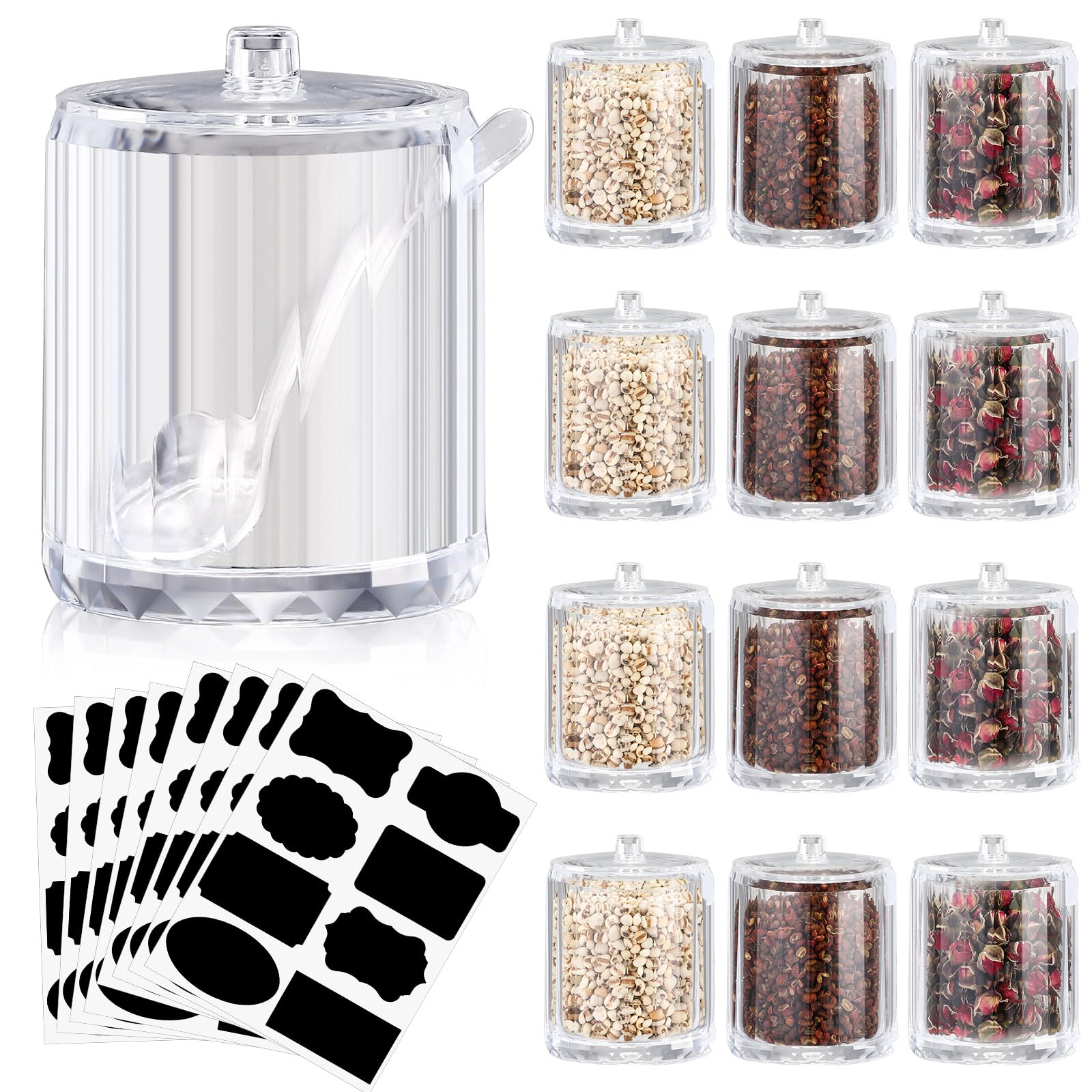 12 tazones de azúcar con tapa y cuchara, suministros de barra de chocolate con cacao caliente, tarros de azúcar acrílico transparente, dispensador de dulces con etiqueta para frascos de