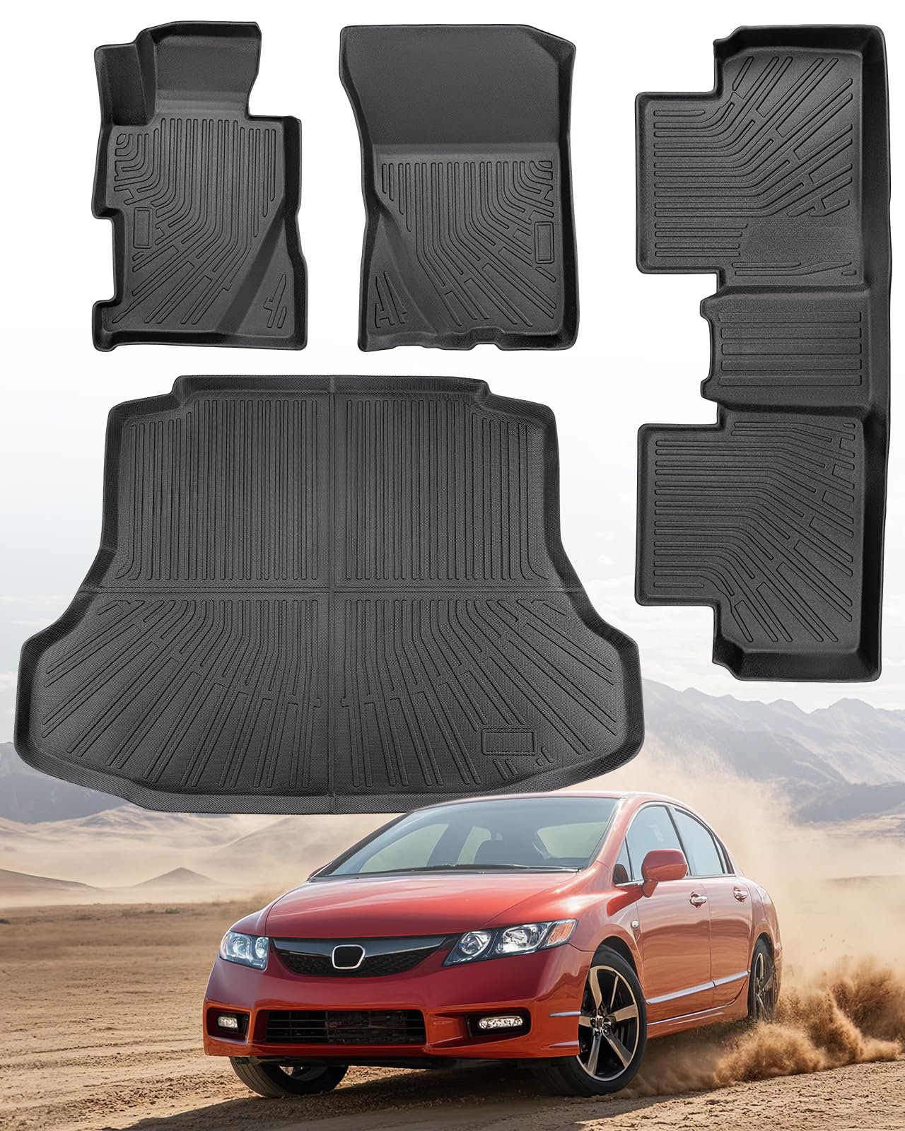 Car Floor Mats for Honda Civic: 2006 2007 2008 2009 2010 2011 All Weather Rubber Black Trunk Liner Full Set Carpet fit for 5-Seat 8th Gen Civic Si Automotive Vehicle Accessories TPE Cutsom Floormats