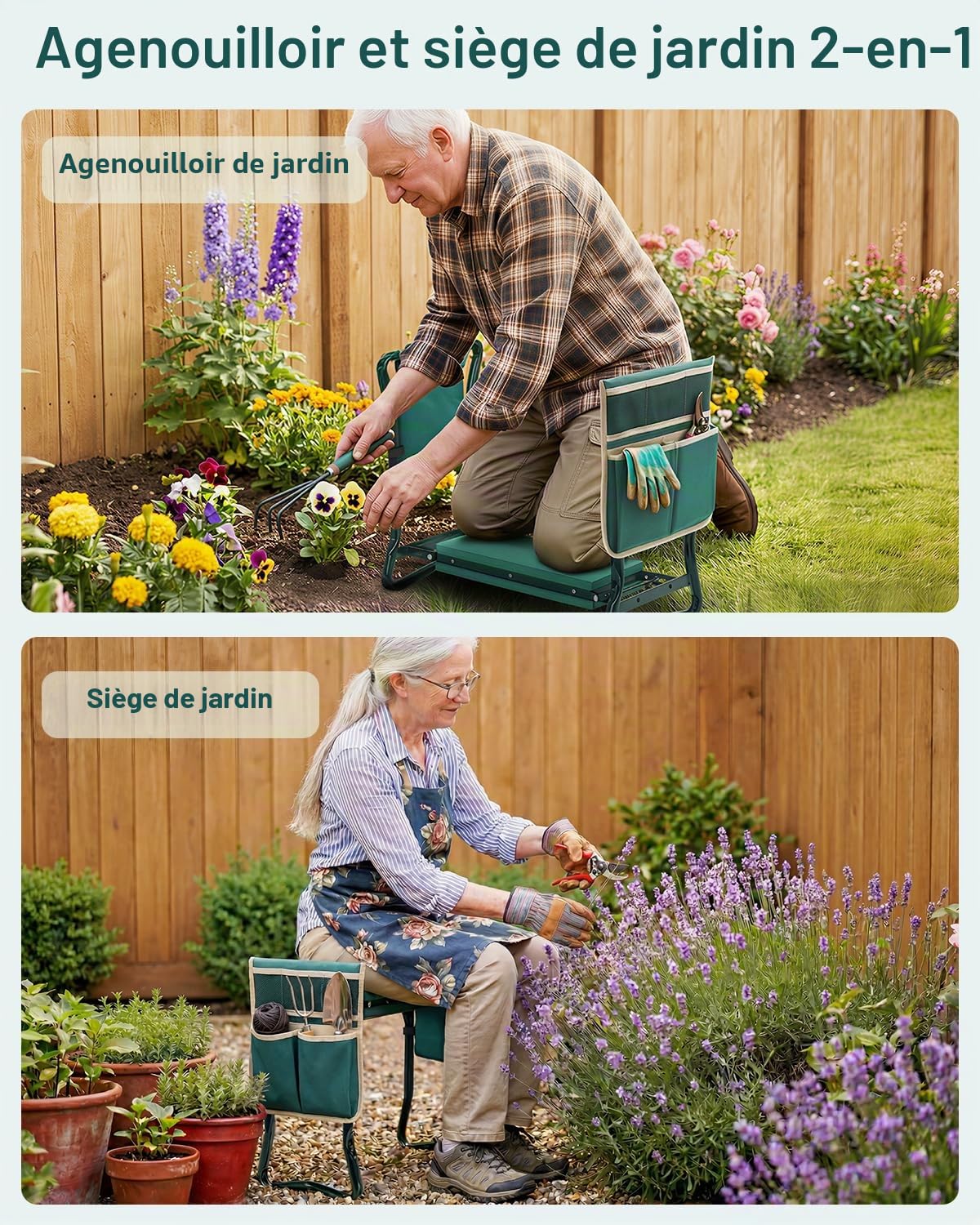 Ohuhu Agenouilloir et siège de Jardin 2 en 1 Robuste avec Coussin en Mousse EVA, Banc de Jardinage Pliable avec 2 Poches à Outils, Portable, idée Cadeau pour Femmes, Hommes, Personnes âgées