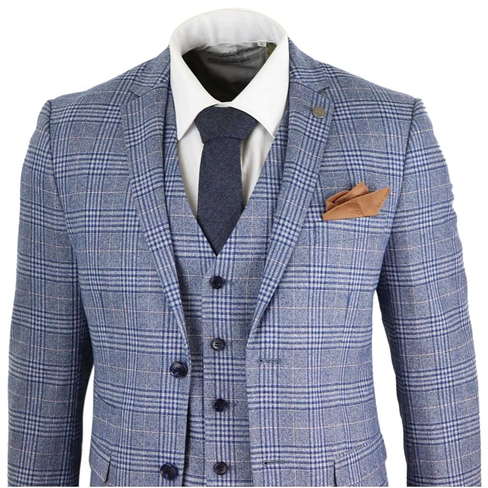 スーツ vintage blue 3peace suit Mens 3 Piece Tailored Suit Blue Gold Check Peaky 1920 Gatsby