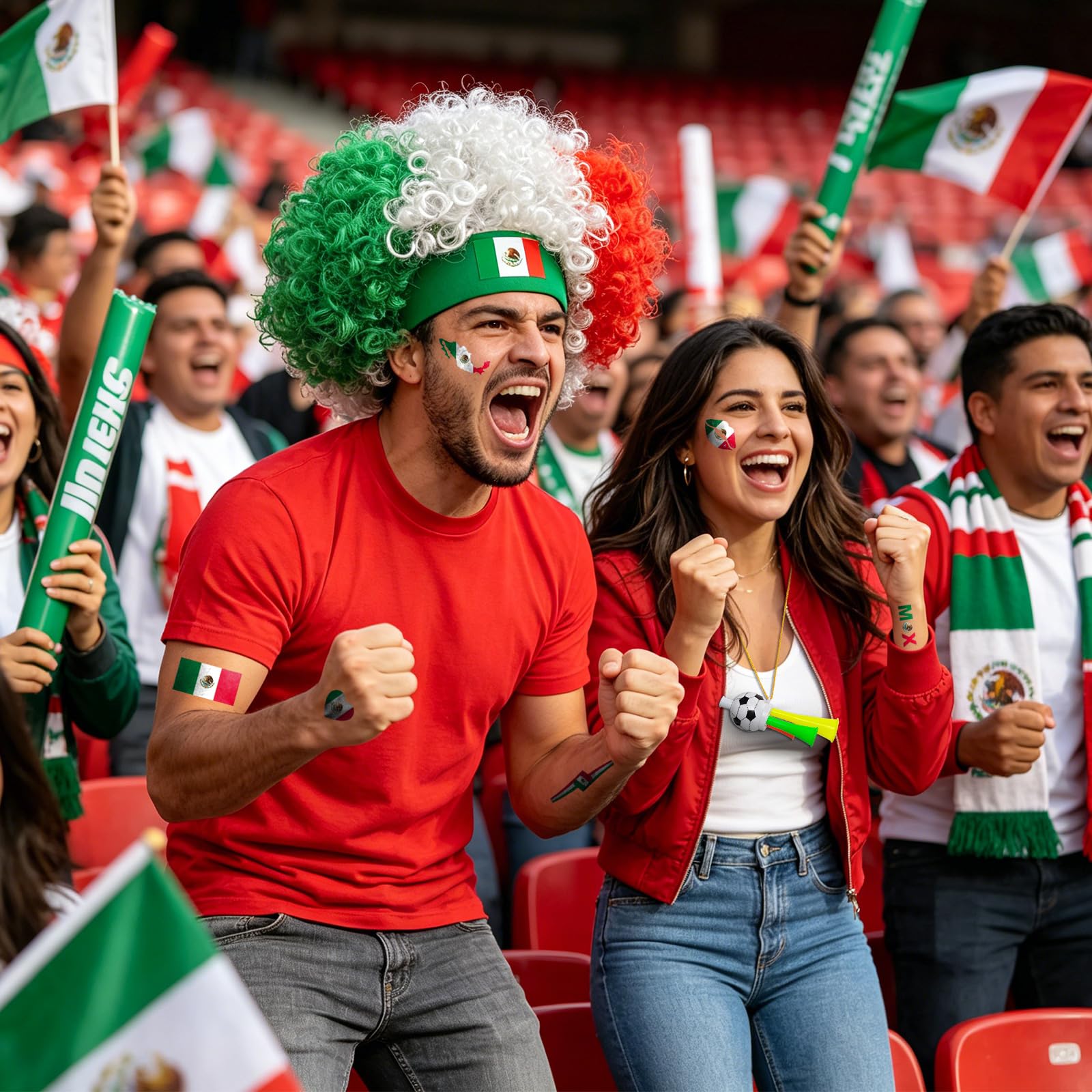 2026 Soccer Fan Gear Set – Mexican Flag Clown Wig, Temporary Tattoos & Loud Horn – Cheer Accessories for International Football Matches, Stadium Parties & Global Tournament Celebrations — view 5