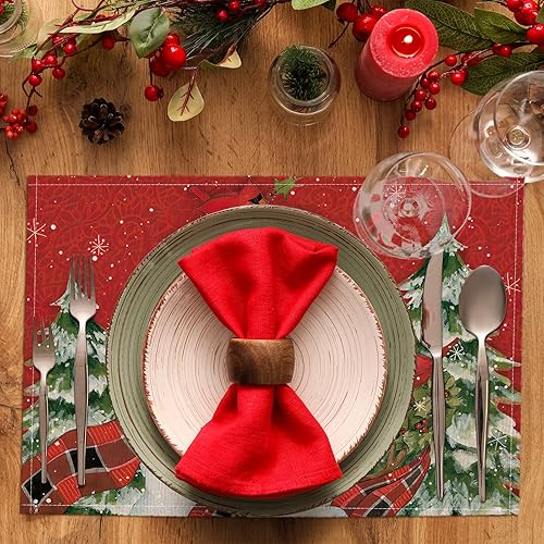 Miniatura 2 de Juego de 4 manteles individuales de Navidad con diseño de muñeco de nieve rojo, 12 x 18 pulgadas, diseño de pájaros de Navidad de invierno, copos de