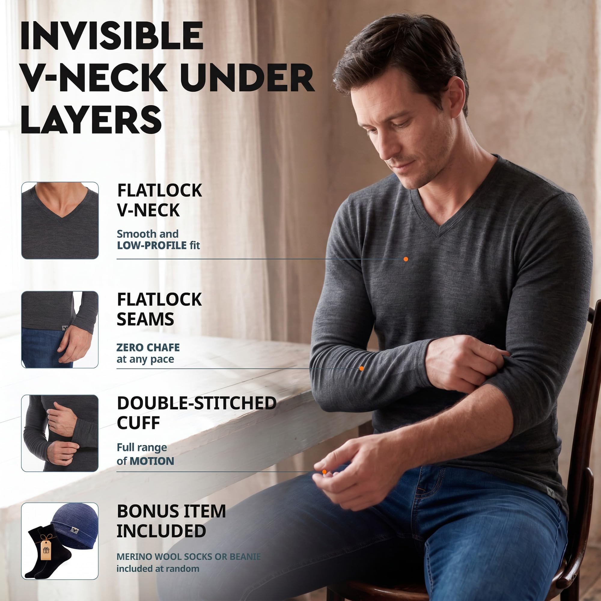 MERINNOVATION Camiseta térmica de lana merino para hombre, 100 % lana merino, manga larga