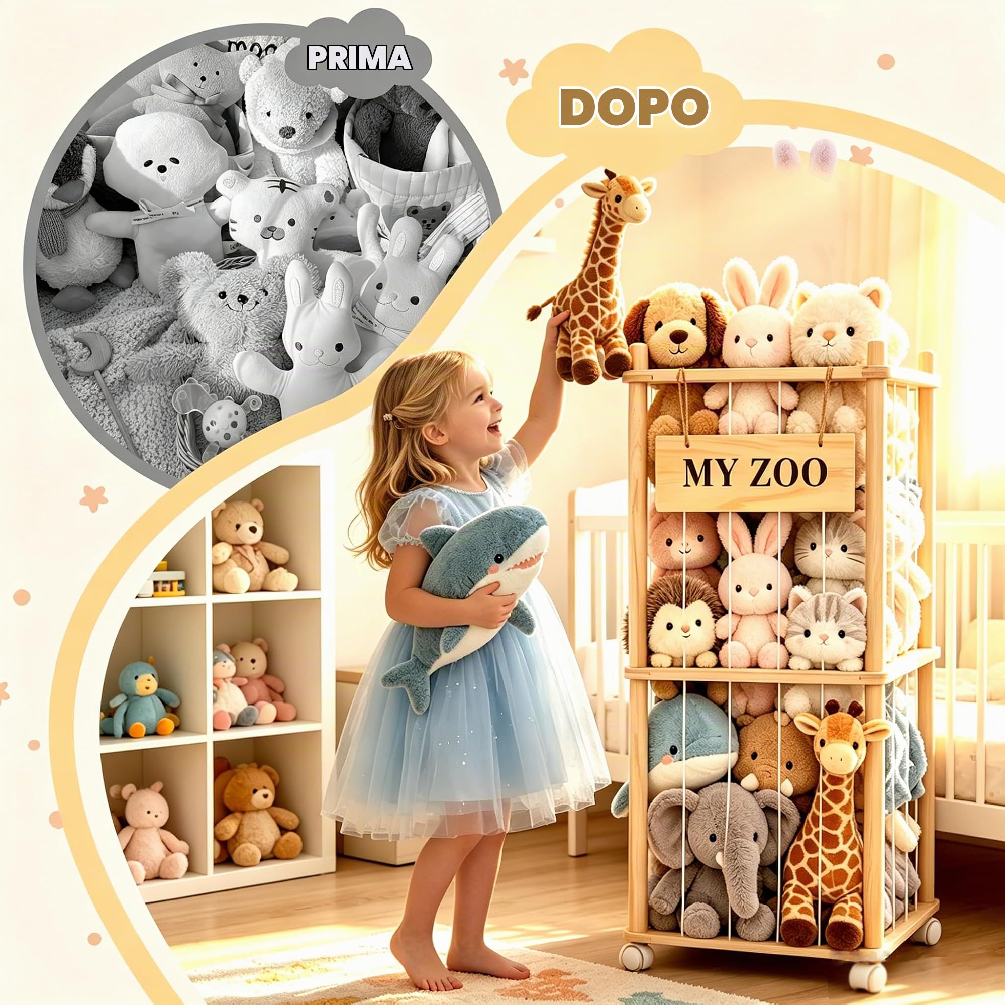 Contenitore per Peluche in Legno, Salvaspazio, con Ruote Dotate di Freno a 360°, per Sala Giochi e Camera da Letto, Decorazione per La Casa