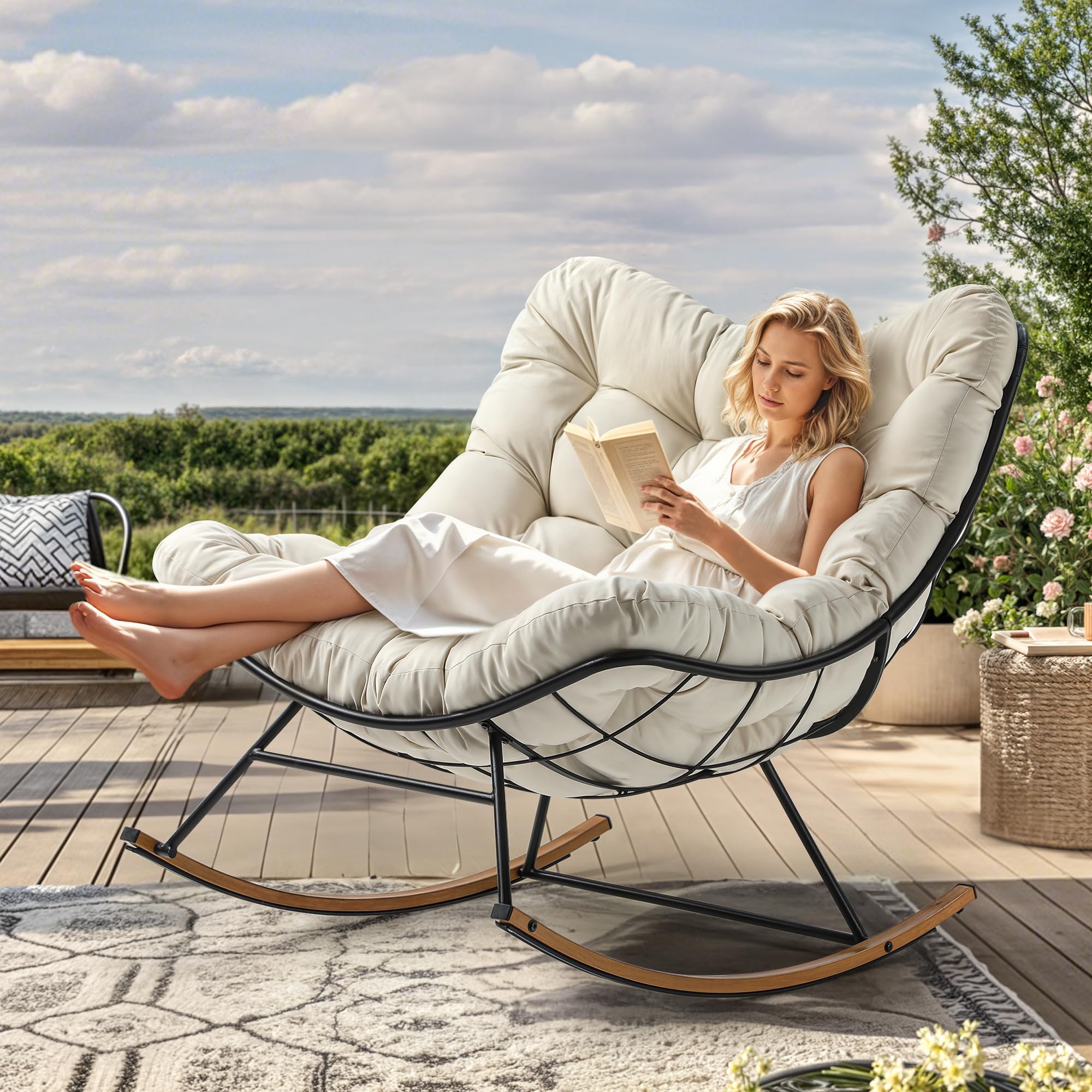 YITAHOME Übergroßer Schaukelstuhl, Breiter Schaukelstuhl mit Extra Dicker Sitzauflage, Bequemer Lounge Sessel für Innen- und Außenbereich, Wohnzimmer, Terrasse, Garten, Veranda (Beige)
