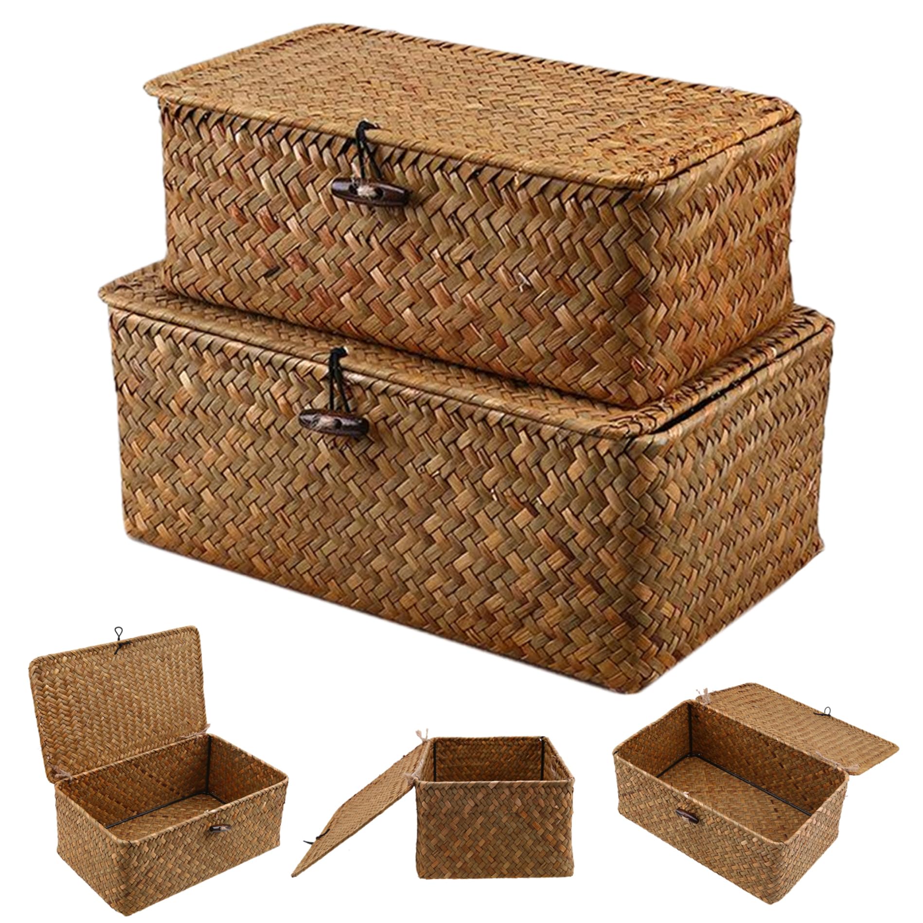 2 cestas de almacenamiento con tapa de 10 x 6 x 4 y 9 5 3 pulgadas, cestas de almacenamiento de pasto marino fijadas con alambre, cesta tejida con cerradura de madera para almacenar decoración