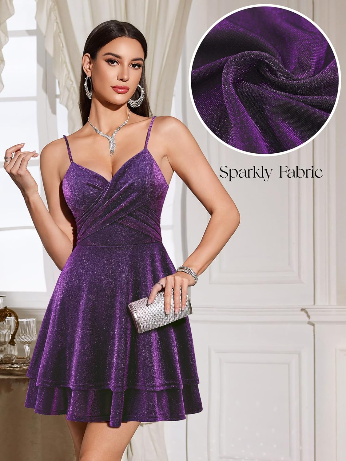 Women's Glittery Prom Dresses Spaghetti Straps Short 2025 Cocktail Dresses Backless Sparkly A-line Ruched Waist Party Dress Grape XL - Image 4