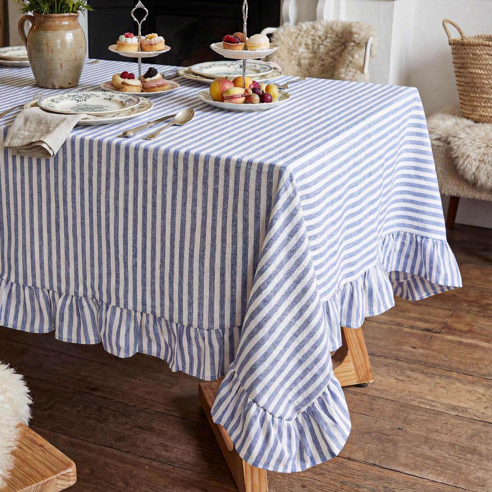 Photo 1 of HunnmingRe Scalloped Ruffle Tablecloths Embroidery Rectangle 84 x 60 Inches, Stripe Design Blue and White Tablecloths for Dinners, Parties, Spring, Holiday, New Year, Machine Washable