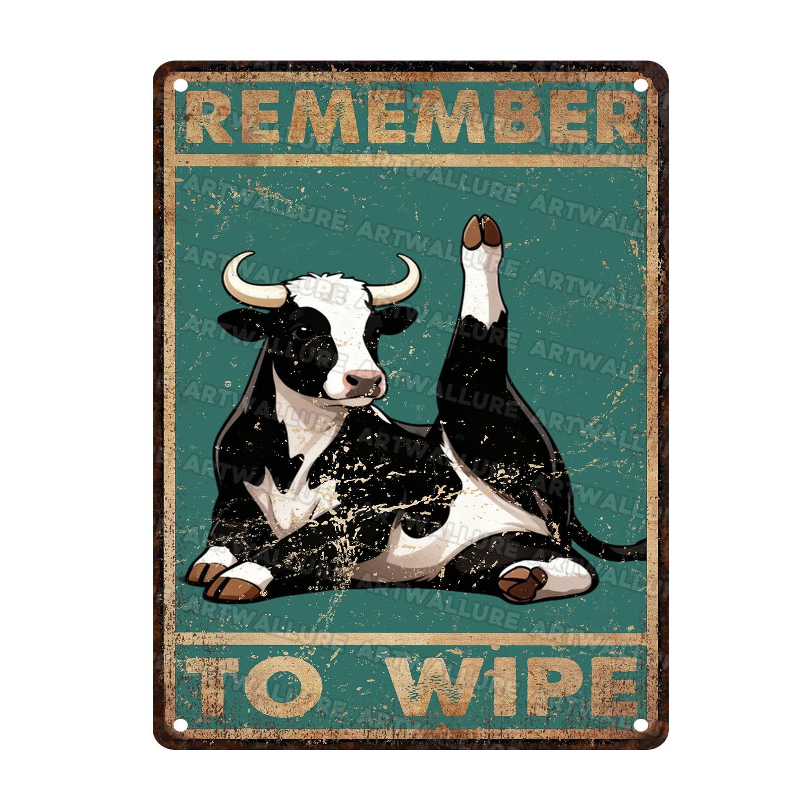 Funny Cow Bathroom Decor Sign Remember To Wipe Metal Tin Sign for Toilet Restroom or Powder Room Wall Decor 12x16Inch