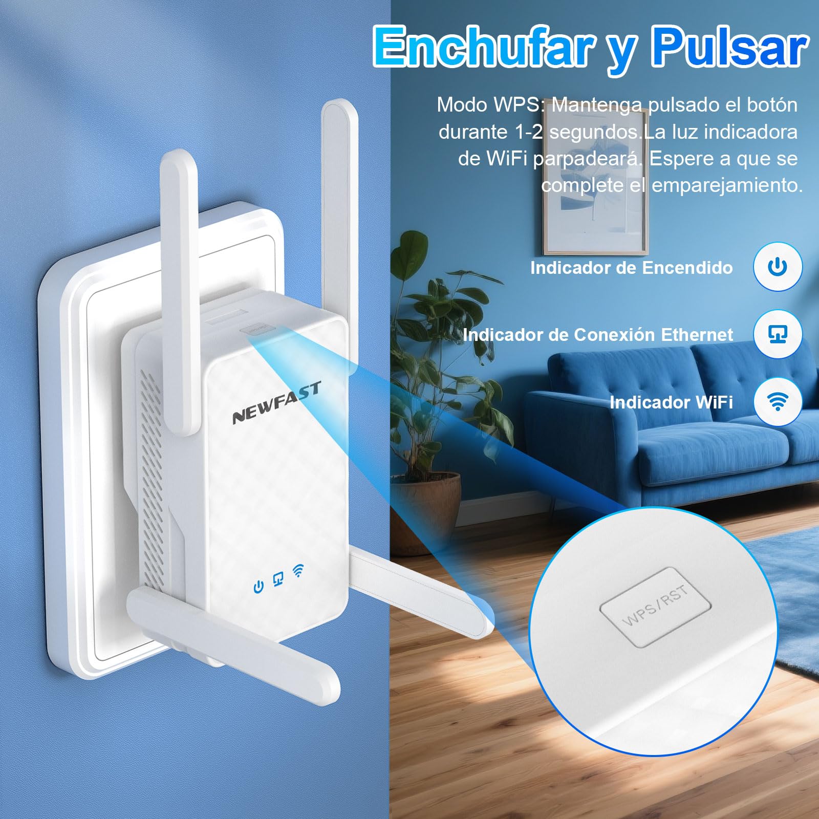 NEWFAST Repetidor WiFi 3000Mbps Amplificador Señal WiFi AX3000 Repetidor WiFi6 5.8/2.4GHz, Puerto Gigabit, 4 Antenas, WPA3, IEEE802.11ax/AC/b/g/n
