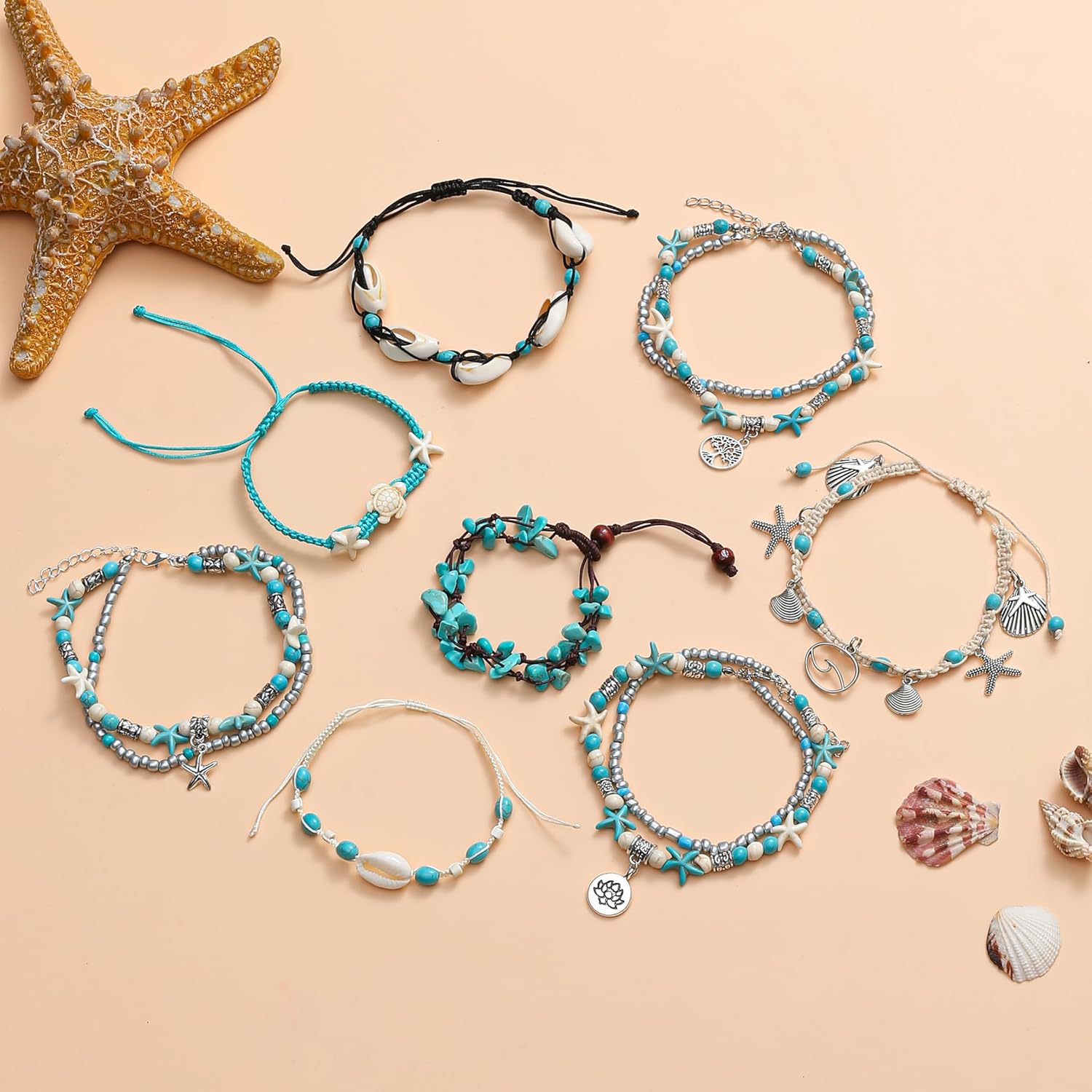 Tornito 12Pcs Shell Turtle Ankle Bracelets Handmade Seashell Bead Starfish Cowrie Dolphin Adjustable Layered Anklets for Women Boho Hawaii Summer Beach Foot Jewelry - Image 5