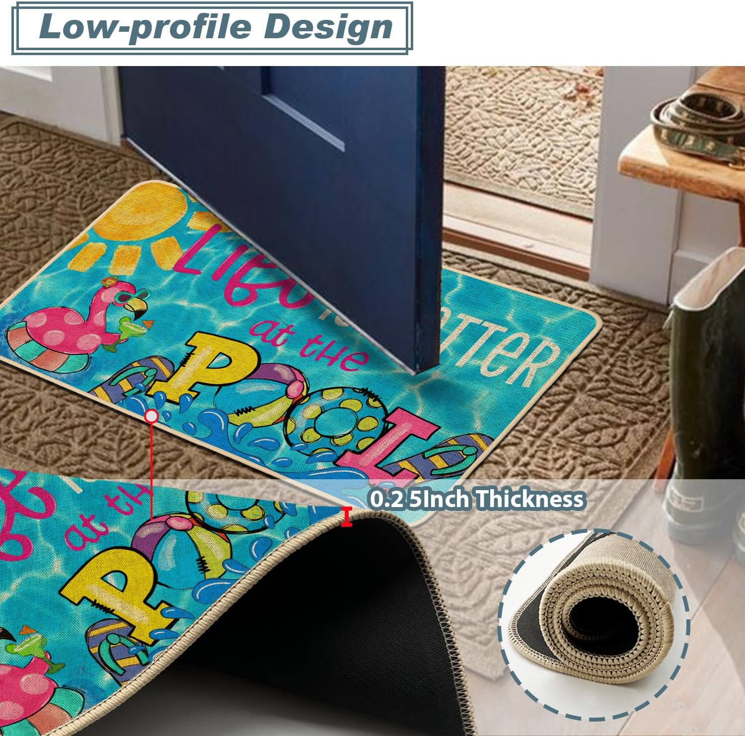 Baccessor Summer Pool Doormat 17x36 Inch, Poolside Tropical Flamingo Non-Slip Low Profile Door Mat Non-Slip Rubber Backing for Floor Entrance Seasonal Outside Patio Porch Outside Home Decor