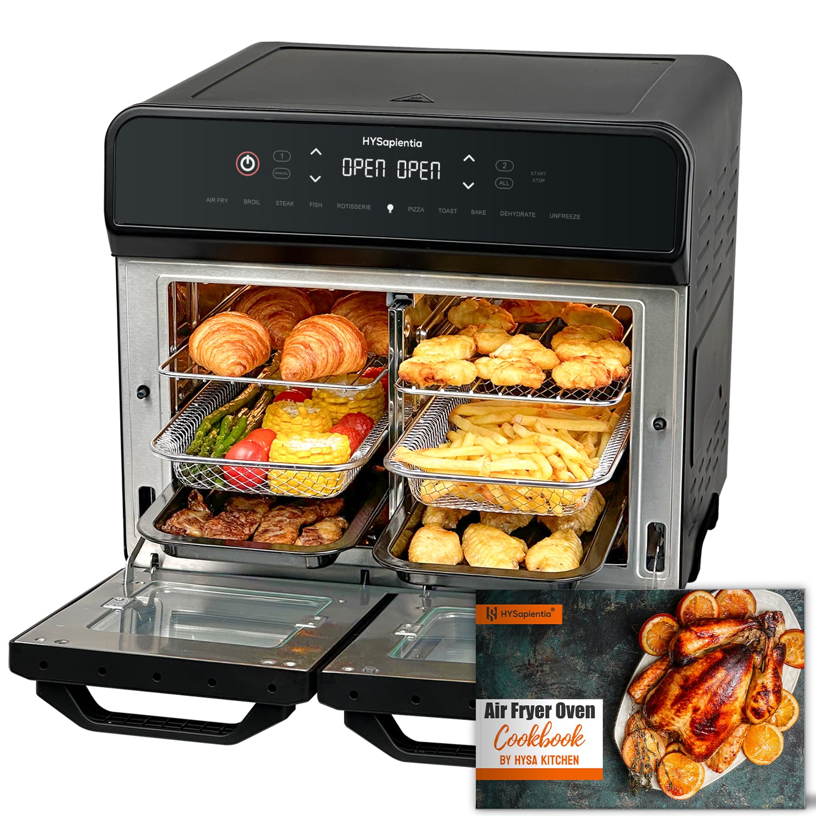 HYSapientia 22 Litri Forno Friggitrice Ad Aria doppio cestello Calda，2400W friggitrice aria 2 cestelliin in acciaio inossidabile,10 Funzioni,Doppia Temperatura,Suddividere in due campate，Girarrosto