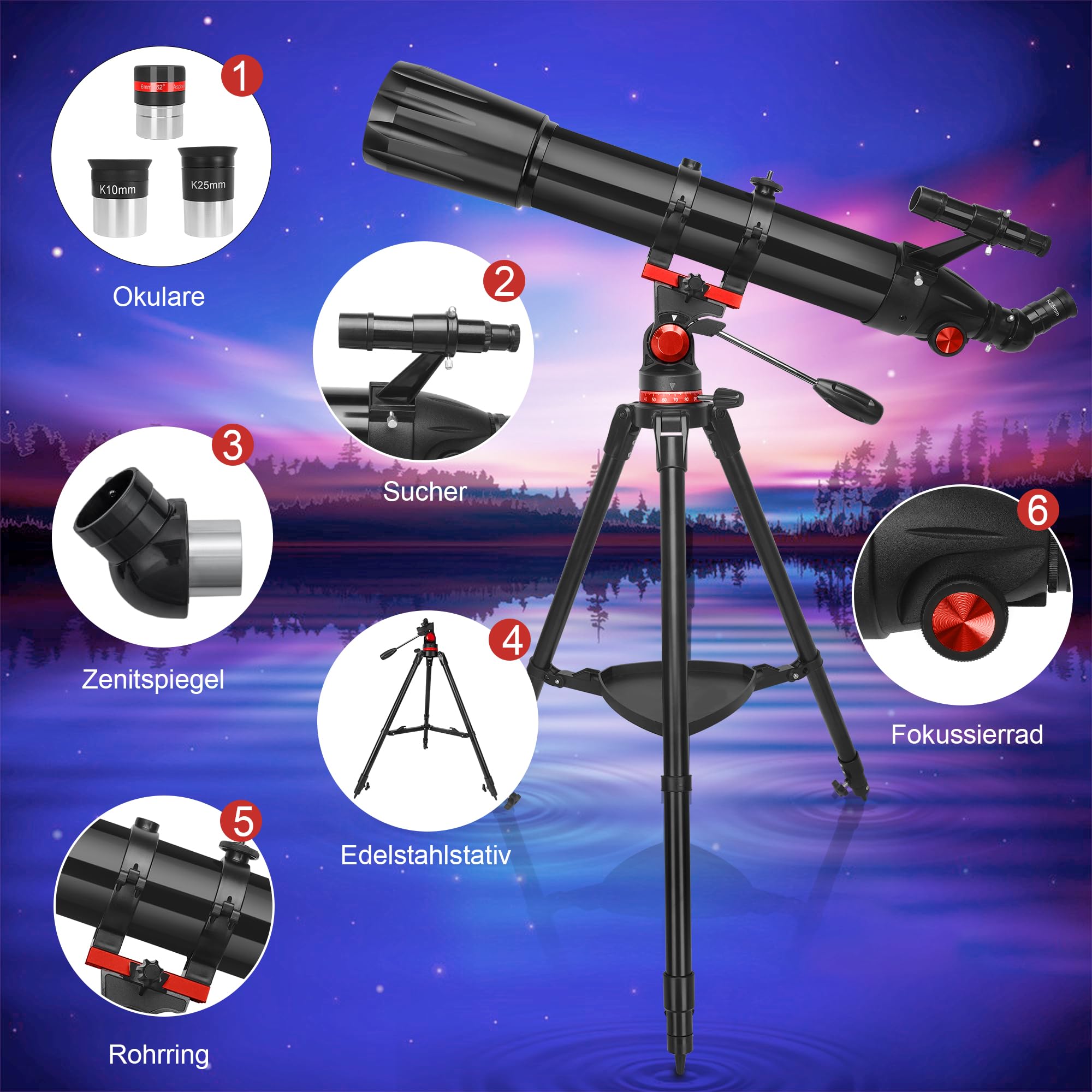 HETEKAN Teleskop 90mm Öffnung 900mm Brennweite, Refraktor-Teleskop für Erwachsene und Anfänger, 36X-450X Astronomie-Teleskop zur Mond- und Planetenbeobachtung mit Edelstahlstativ und Handyadapter