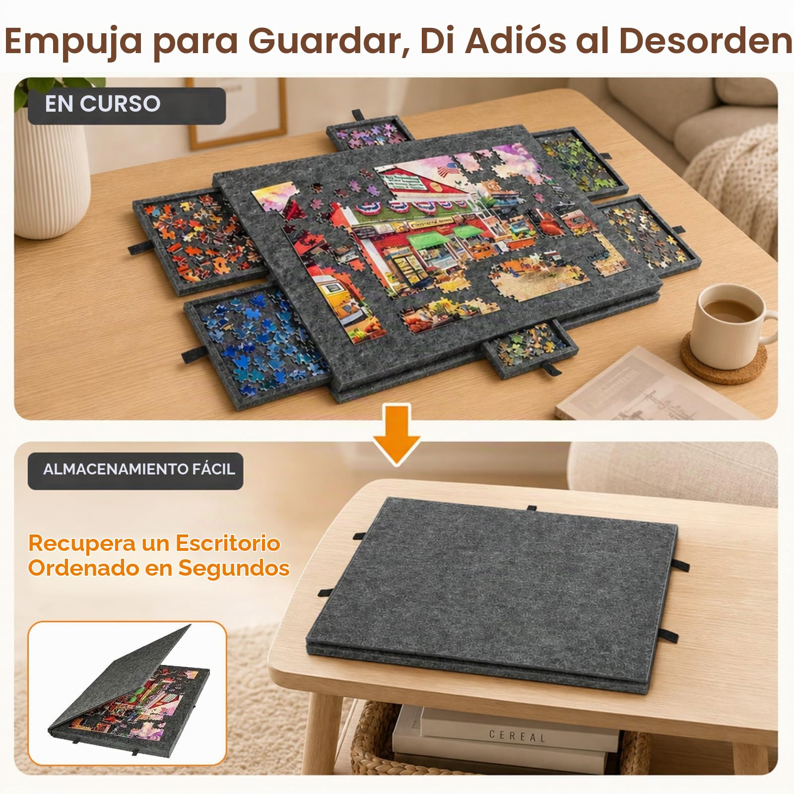 Rompecabezas de 6 cajones, 1000 piezas, mesa de rompecabezas 2 en 1 con soporte y cubierta (negro)