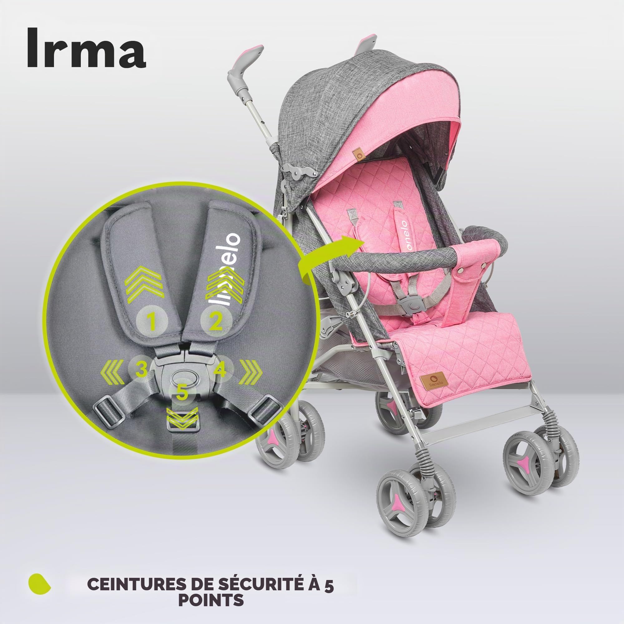 LIONELO Poussette IRMA légère et pliable pour bébé jusqu'à 3 ans, fonction allongée, harnais à 5 points, grandes roues de 15,2 cm, moustiquaire, grand panier et capot, poignées rotatives, poussette