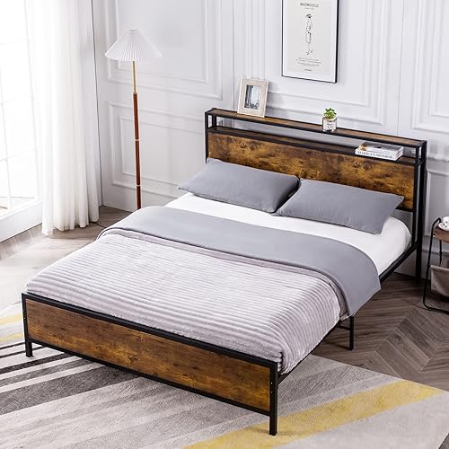 GAZHOME Marco de cama Queen cama de plataforma con cabecera de almacenamiento de 2 niveles sólido y estable sin ruido no necesita somier fácil
